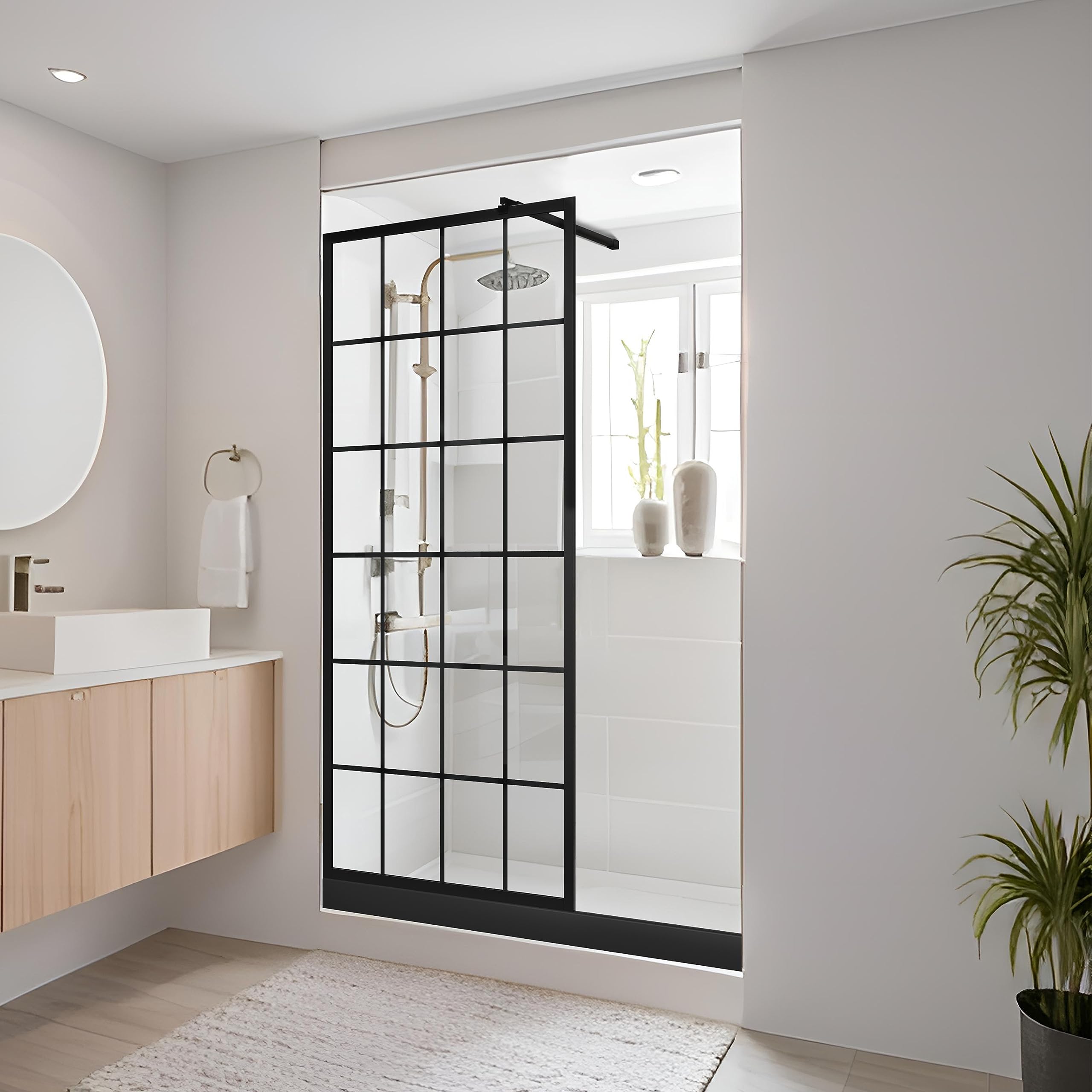 DELAVIN 34" W x 72" H Framed Shower Glass Panel, Shower Screen, Glass Shower Wall, 1/5" (5mm) SGCC Tempered Glass Shower Panel with Explosion-Proof Film, Grid Fixed Shower Door, Matte Black Finish