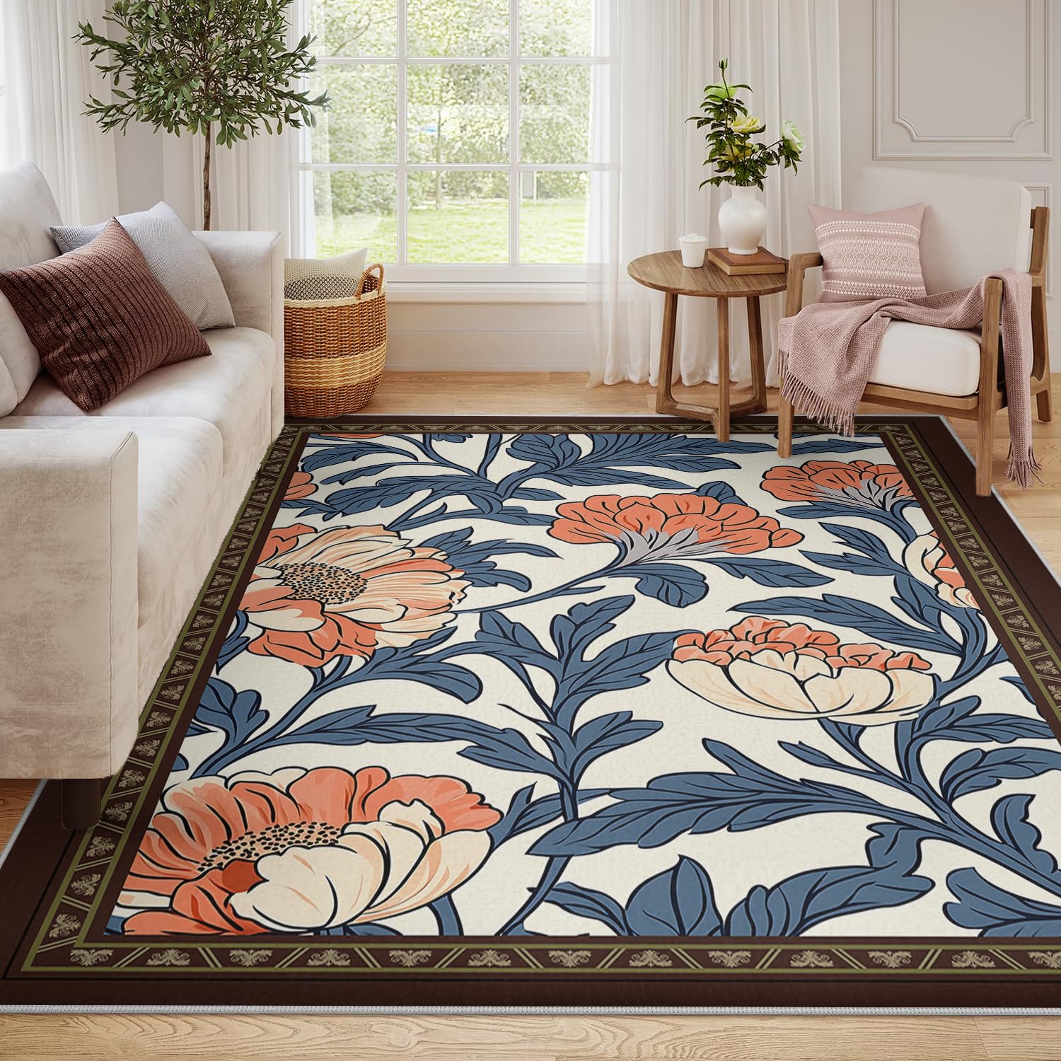 Dywan w stylu vintage, boho, do sypialni, 150 x 210 cm, nadaje się do prania, miękki, ultracienki, antypoślizgowy dywan z niskim runem, do pokoju gościnnego w biurze