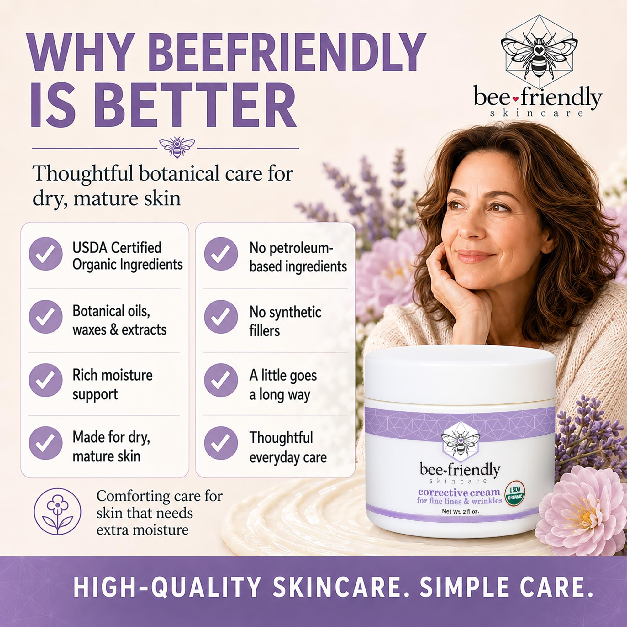 BeeFriendly Bio-Korrekturcreme für das Gesicht, USDA-zertifiziert, reichhaltige Anti-Aging-Gesichts-Nachtcreme für empfindliche Haut, hilft bei feinen Linien, Falten, Krähenfüßen, Augen, Gesicht, Hals