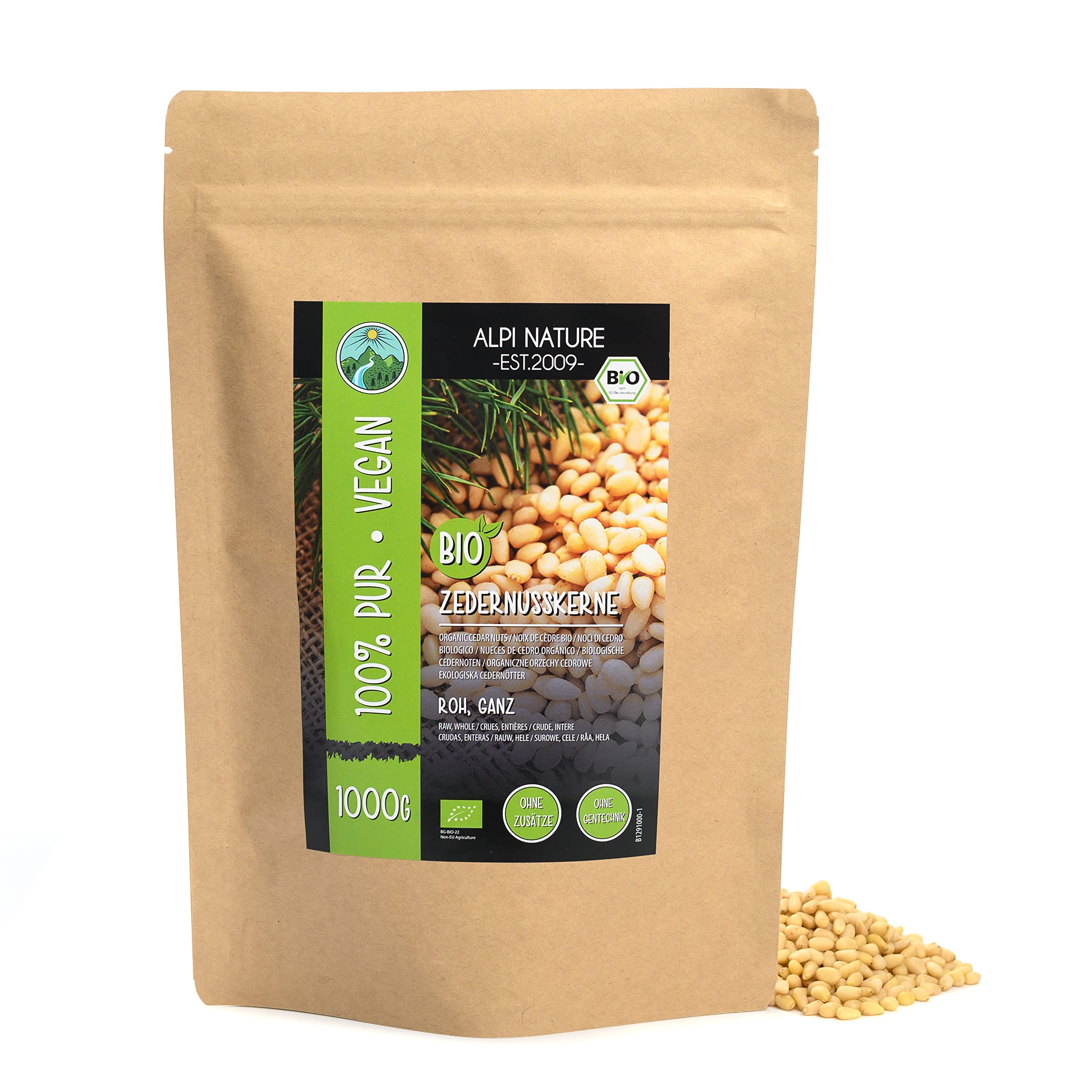BIO Zedernkerne (1kg), Zedernnüsse geschält aus kontrolliert biologischem Anbau, laborgeprüft, Bio Zedern Kerne ganz 100% rein und naturbelassen