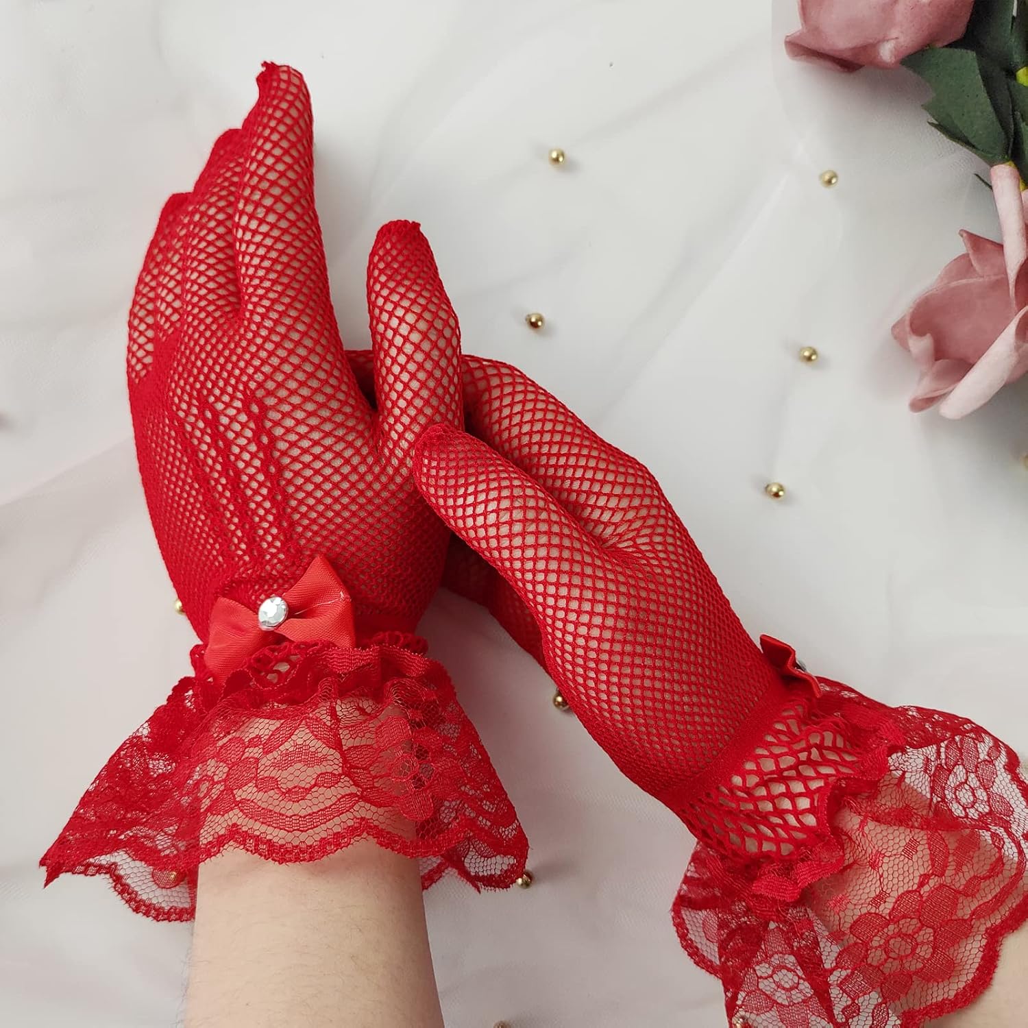 Women's Fascinators Veil and Retro Charming Mesh Hat with Lace Gloves Imitation Pearl Necklace,Suitable for 1920s or 1950s Vintage Tea Party Cocktail Hall Wedding Church Derby Hat Set. Red - Image 4