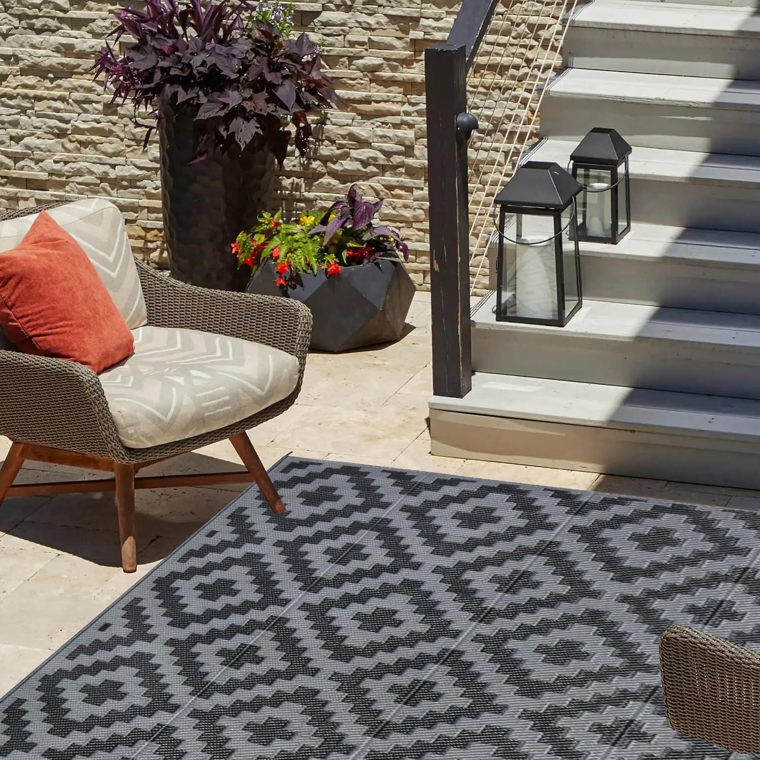 Tapis Exterieur Noir et Gris 120x180 Tapis Plastique Réversible Petite,Tapis de Sol Camping Car Exterieur Portable,Tapis Imperméable Rectangulaire Pliable pour Terrasse Jardin Balcon Plage