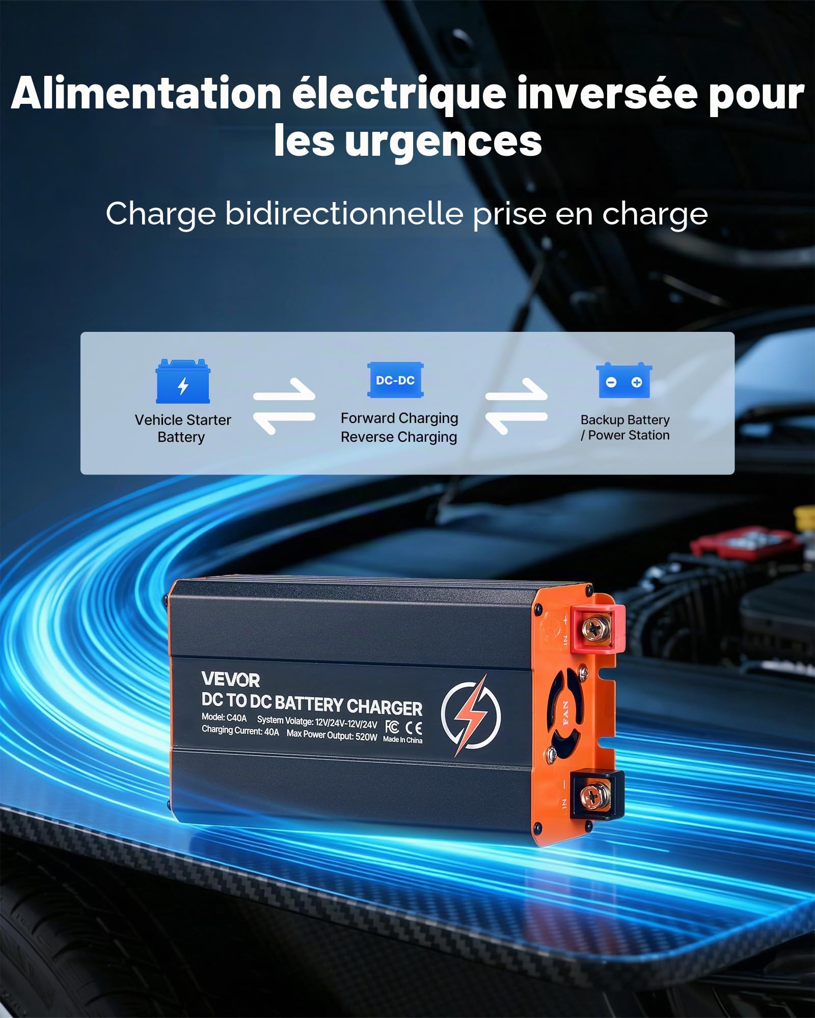 VEVOR Chargeur DC-DC 520 W 40 A Chargeur de Batterie DC-DC 12 V/24 V-12 V/24 V pour Alternateur Station Alimentation Camping-car Voiture Bateau, Compatible avec Batterie LiFePO4, Plomb-acide, AGM, GEL