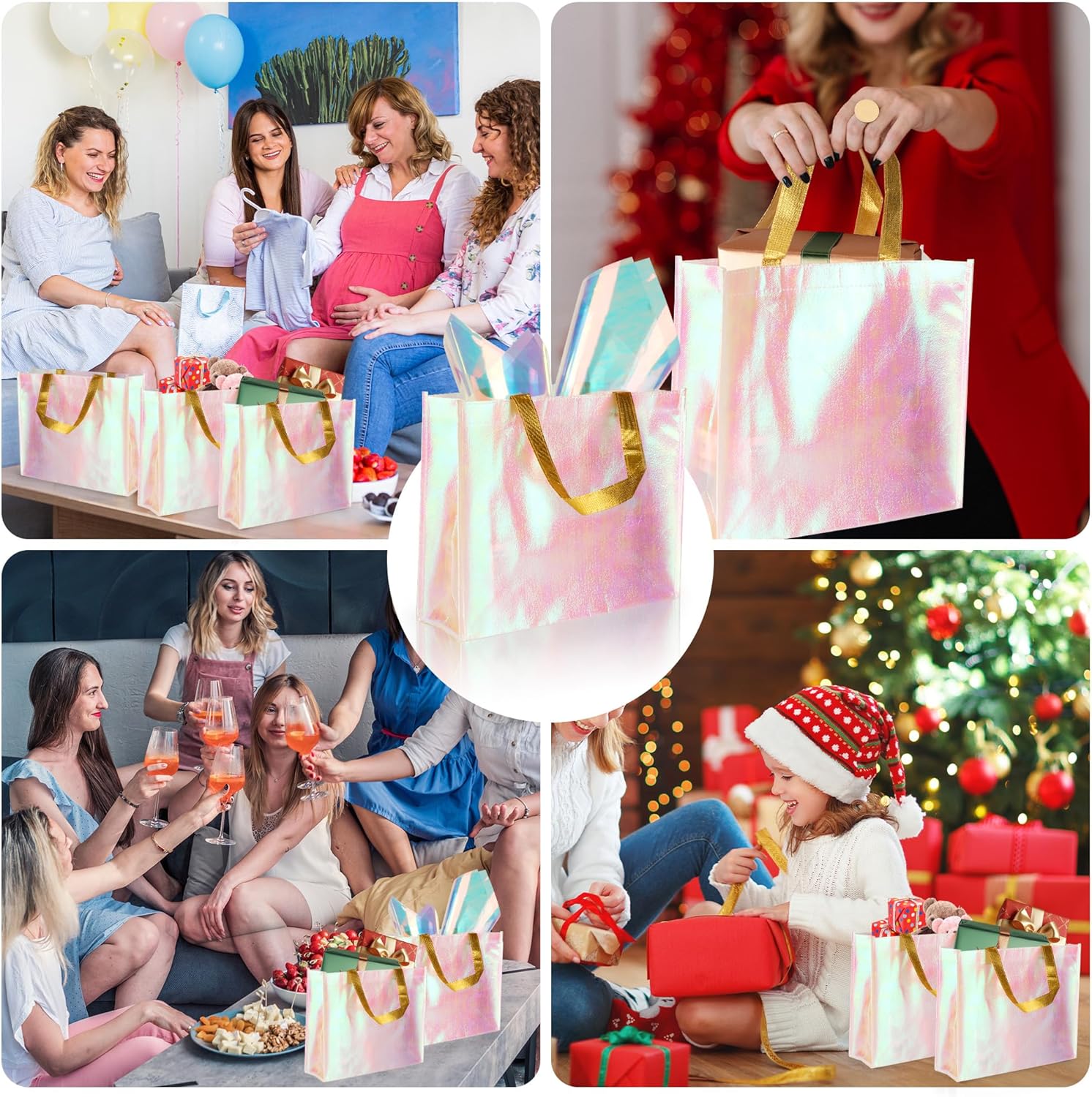 20 Pack Iridescent Gift Bags, Holographic Reusable Iridescent Party Favor Gift Bags With Handles And Tissue Paper, 13 x 5 x 11 Inch Large Size Pink Bridesmaid Tote Bags, For Wedding Birthday Holiday - Image 4