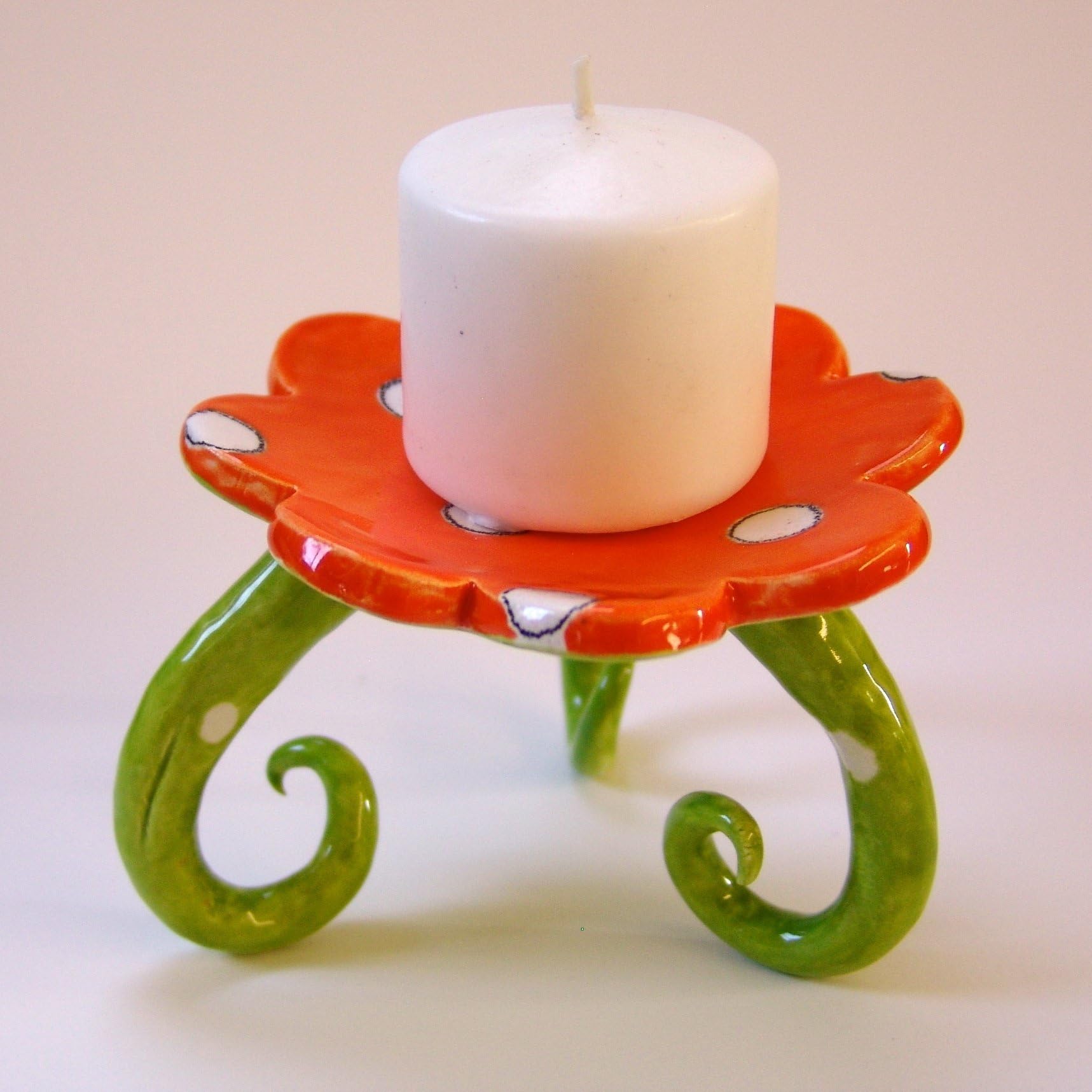 whimsical pottery Candleholder, Soap Dish bright tangerine Orange & Lime Green funky polka-dots