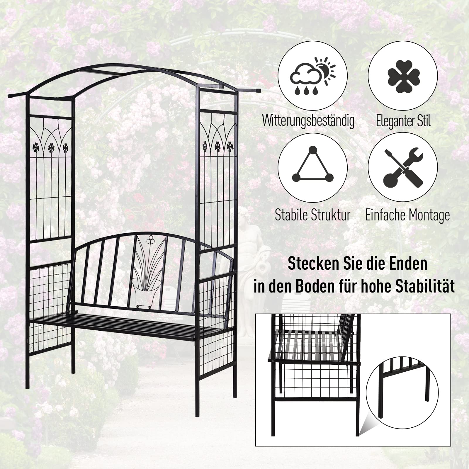 Outsunny Pflanzbogen mit Bank Sitzbank Torbogen Rankgitter Rankhilfe Garten Bogendach Metall Schwarz 154 x 60 x 205 cm