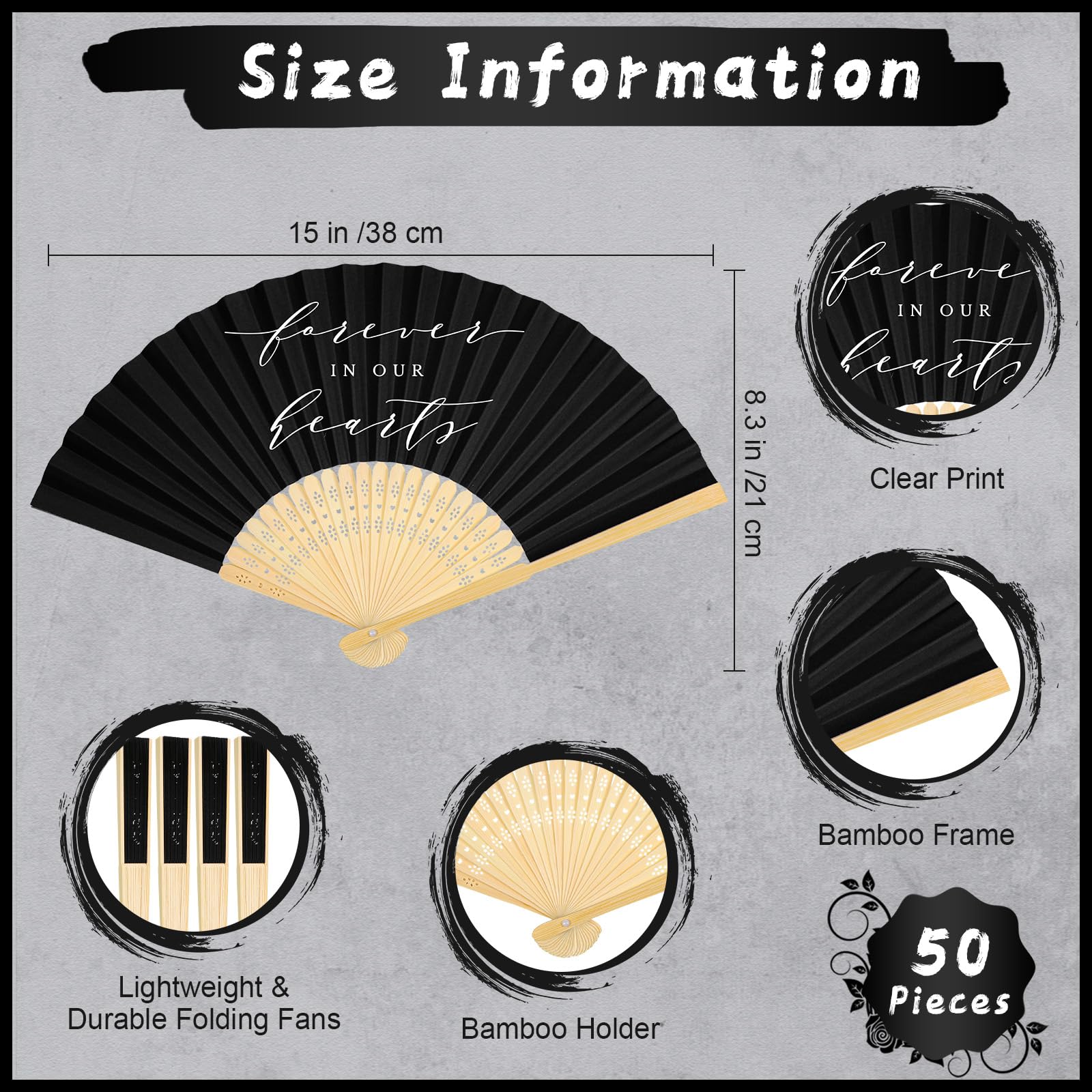 Threehoney 50 Pcs Funeral Favors Fans Forever in Our Hearts Bamboo Folding Fan Memorial Handheld Fans Paper Handheld Fan for Guest Funeral Condolence Sympathy Gift (Black,Classic)