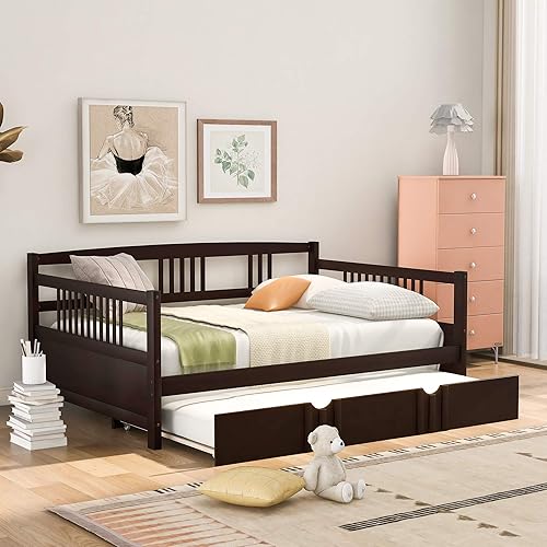 Harper & Bright Designs Full Daybed Frame with a Trundle, Wood Full Bed with a Twin Trundle, No Box Spring Needed