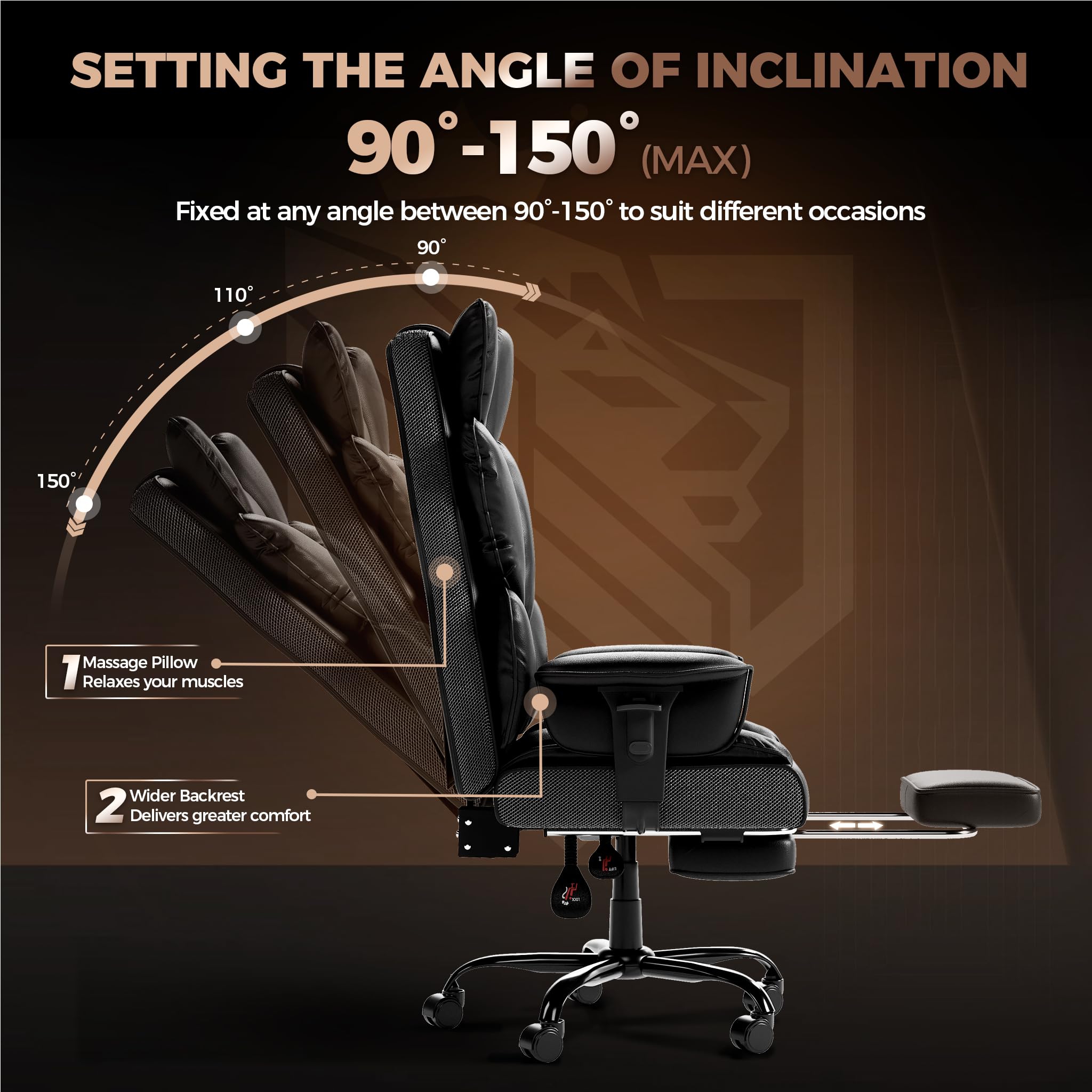 UISEBRT Ergonomiczny fotel szefa z podnóżkiem, regulowane podłokietniki w zakresie 150° i wysokość 126-136 cm, krzesło biurowe z poliuretanu, obciążenie 150 kg, do biura, domu i gier, czarny