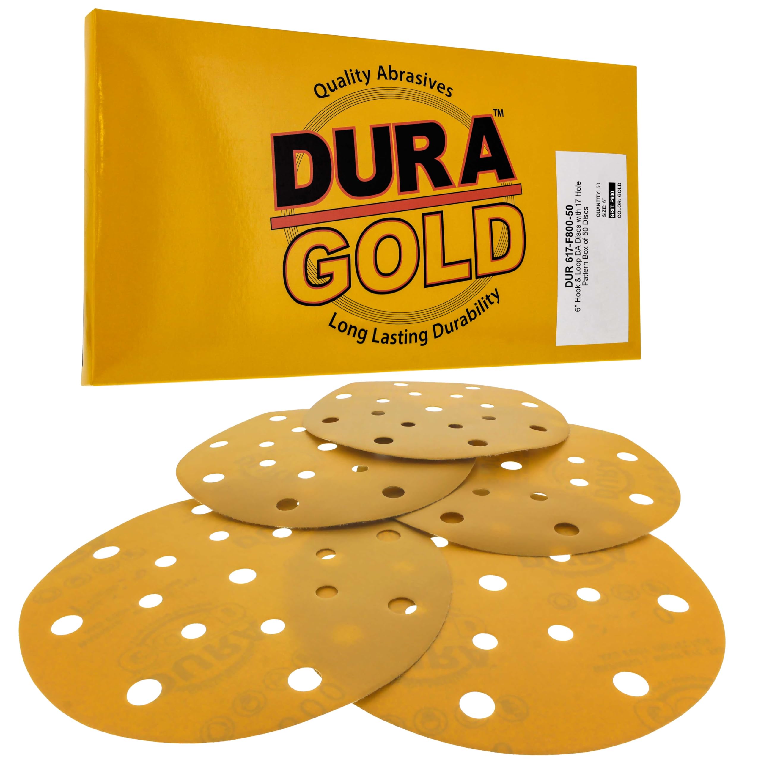 Dura-Gold Discos de lija dorados de alta calidad de 6 pulgadas, grano 800 (caja de 50), papel de lija de 17 agujeros, sin polvo, para lijadoras DA, óxido de aluminio abrasivo, arena para pintura
