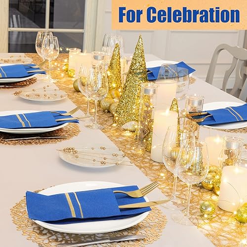 Miniatura 6 de Roshtia Paquete de 100 servilletas desechables de lino con bolsillo integrado para cubiertos con ribete dorado, papel preplegado para bodas (azul