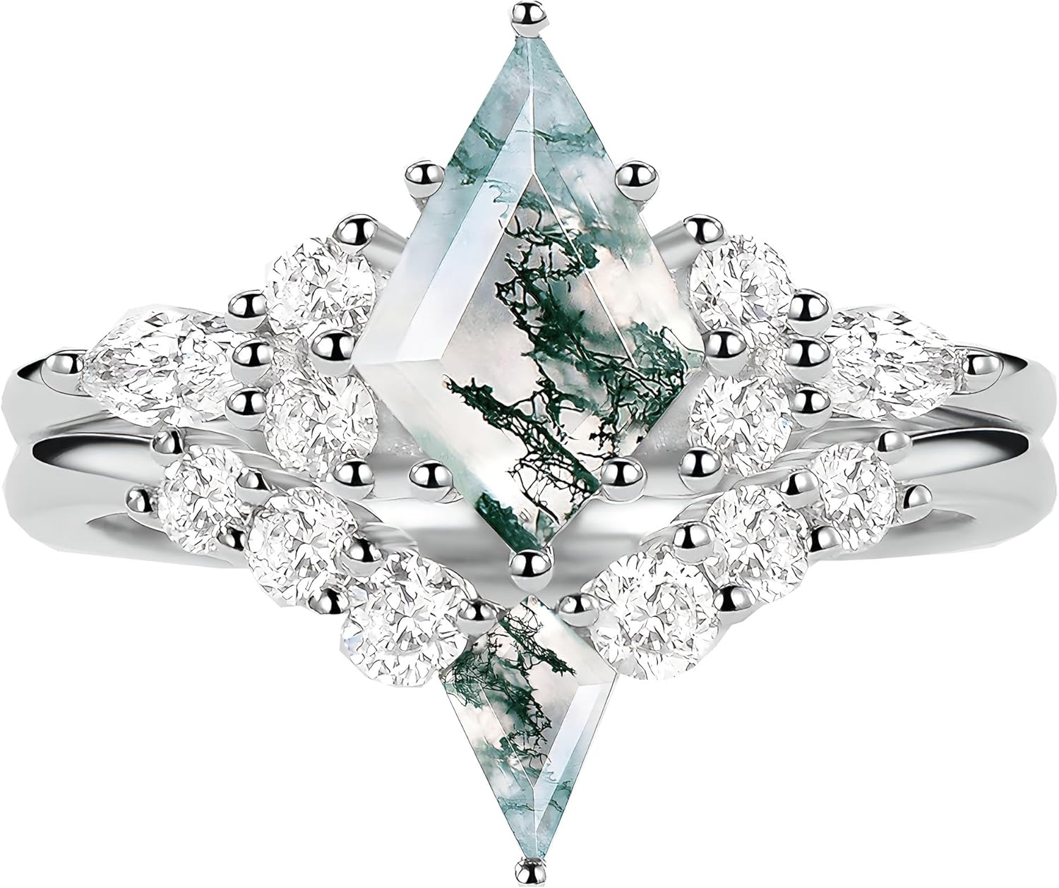 Natural Moss Agate Engagement Ring for Women 925 Sterling Silver Bridal Ring Set Kite Cut Moss Agate Wedding Ring Set Promise Rings Set for Her