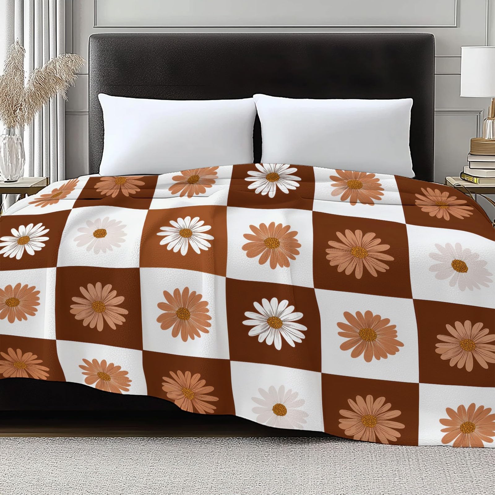 Nowoczesny geometryczny koc flanelowy w kratkę stokrotka 180 x 200 cm Koce polarowe z mikrofibry Polar Na wszystkie pory roku do podróży Łóżko Sofa Dzieci Dorośli, Kawowy Brązowy