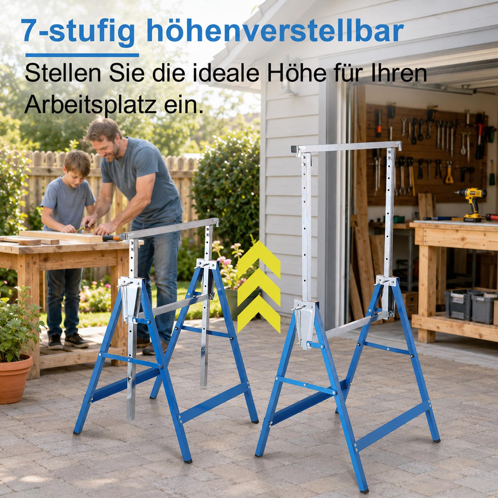 Juego de 4 caballetes telescópicos, altura regulable de 80 a 130 cm, soporte plegable de acero, con capacidad de carga de 200 kg por par para taller, garaje, obras y renovación, color azul