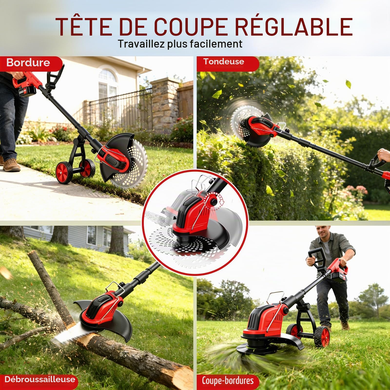 Débroussailleuse à Batterie 12 Pouces avec Roue, 20000 TR/Min, Coupe Bordure sans Fil avec 2 Batterie 3.0Ah, 4 Types De Lames, Moteur sans Balais, Poignée Réglable pour Jardin, Pelouse