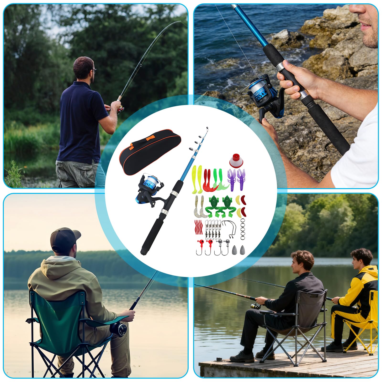 Kit de pêche pour enfants - 1,8 m - Canne à pêche télescopique - Avec moulinet de ligne et leurres - Kit de démarrage avec sac - Portable - Accessoires de pêche pour enfants