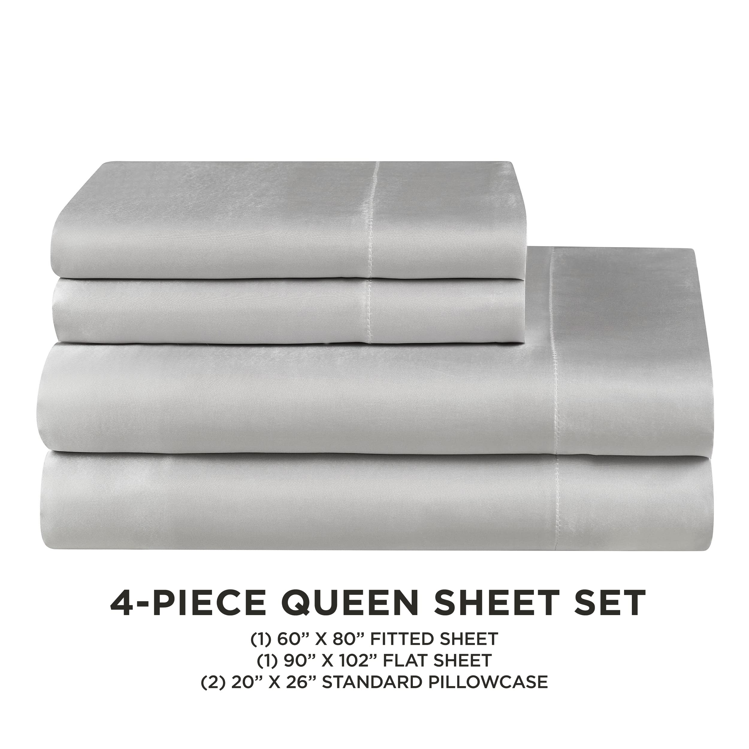 Juicy Couture Queen Size Satin Bed Sheet Set, Deep Pocket Silky Queen Sheet Set with 1 Fitted Sheet, 1 Flat Sheet and 2 Pillow Case, Wrinkle Resistant and Anti Pilling Bed Sheets - Grey