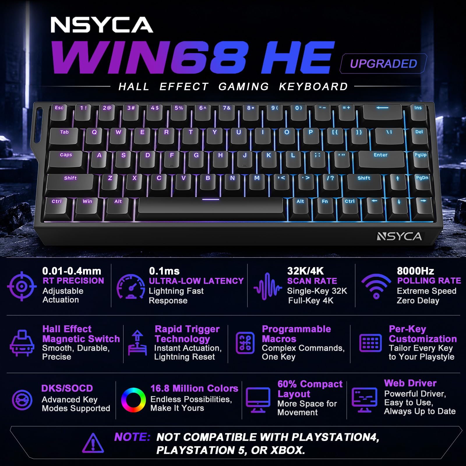 WIN68 HE - Tastiera da gioco magnetica con attivazione rapida, frequenza di polling 8000 Hz, DKS e SOCD, azionamento regolabile da 0,01 mm, tasti RGB PBT, tastiera cablata al 60% per FPS Gaming