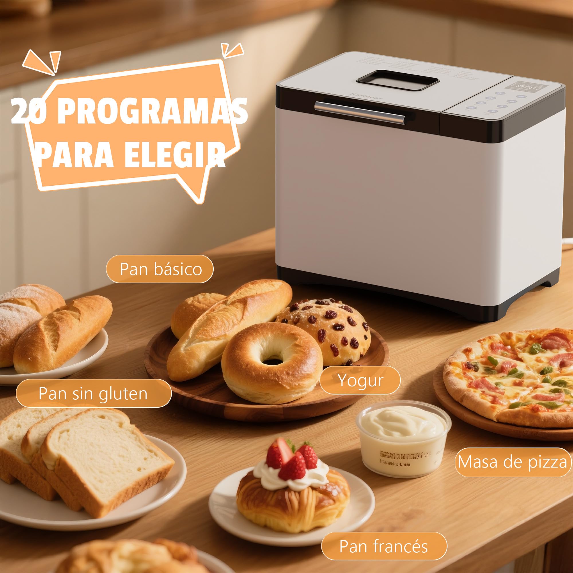 Karinear Panificadora de 1000 g, Multifuncional: 20 Funciones Preprogramadas, Retraso Preprogramado de 15 Horas, Función Para Mantener Caliente, Función de Amasado. Capacidad 1000 g, Blanco.