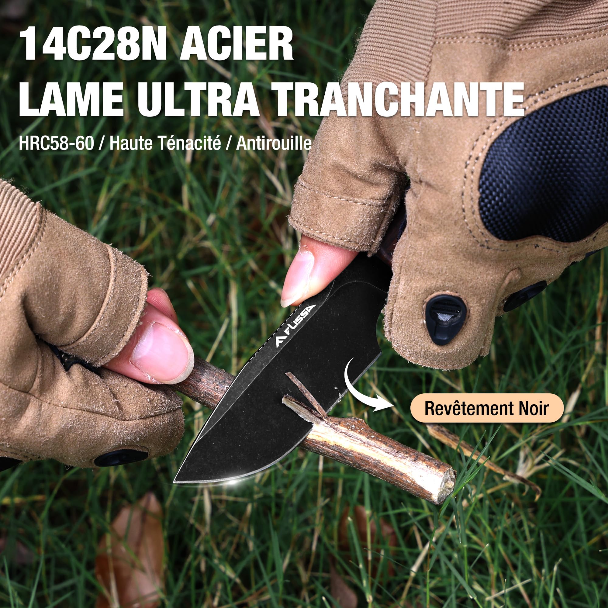 FLISSA Couteau à Lame Fixe 14C28N, Couteau Pleine Soie (Full-Tang) avec Manche en Bois d’Ébène et Étui, Idéal pour Camping, Randonnée, Alpinisme, Voyage