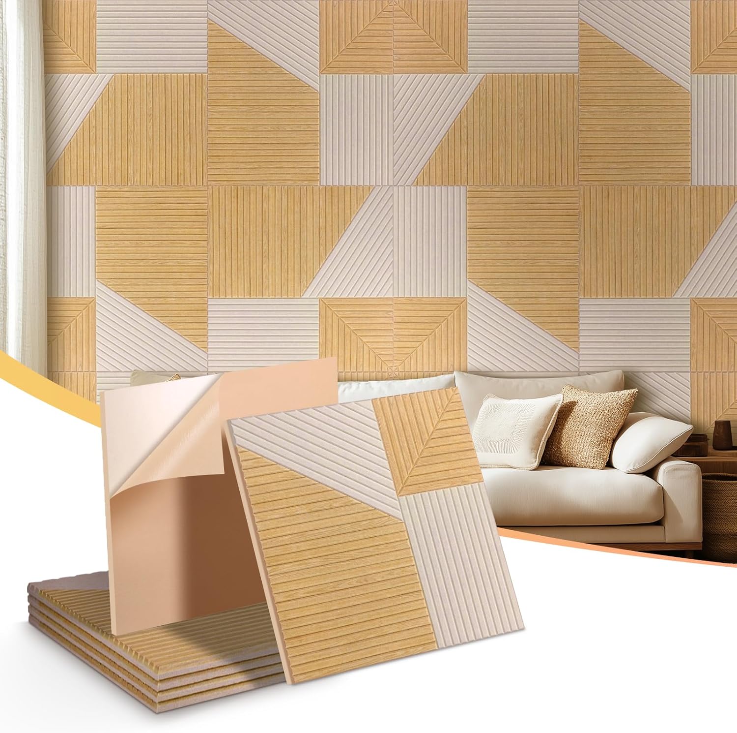 Acoustic Wall Panels 6-Pack (23.6x23.6in Each) - 25dB Noise Reduction, Self-Adhesive Brown | Wood Grain Decor, No Tools DIY for Studio, Home Office, Bedrooms(Beige) 6 pack 12x16in Beige