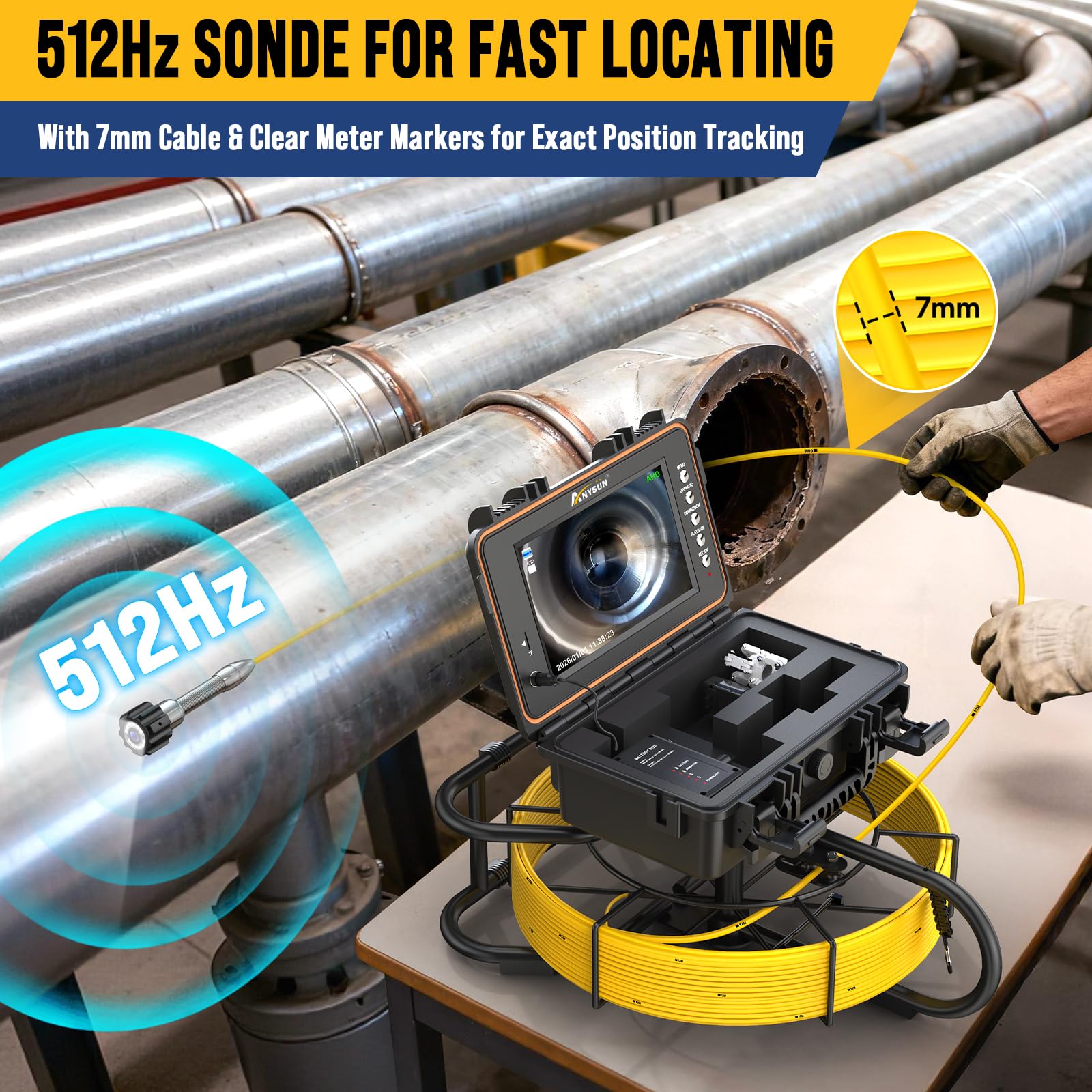 Anysun Caméra d’inspection avec Auto-nivellement, 50M Caméra Canalisation Émetteur 512Hz, 23mm 1080P HD Endoscope Canalisation IP68 Étanche, Écran IPS 9", Câble 7mm, DVR & Carte 32GB, Batterie 5100mAh