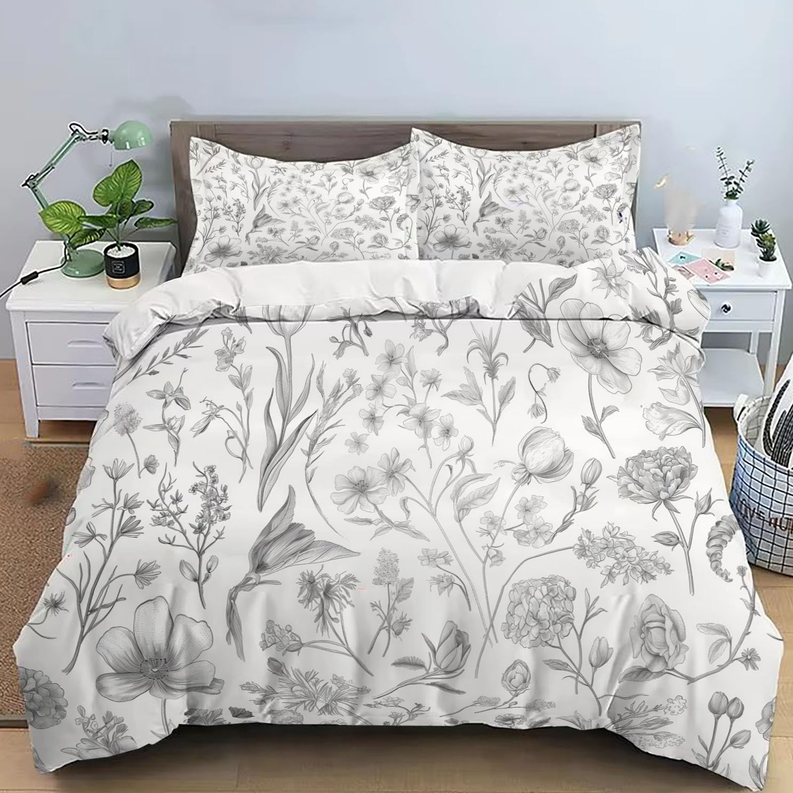 Parure de lit floral champêtre blanche 3 pièces 220x240cm pour lit enfant adulte