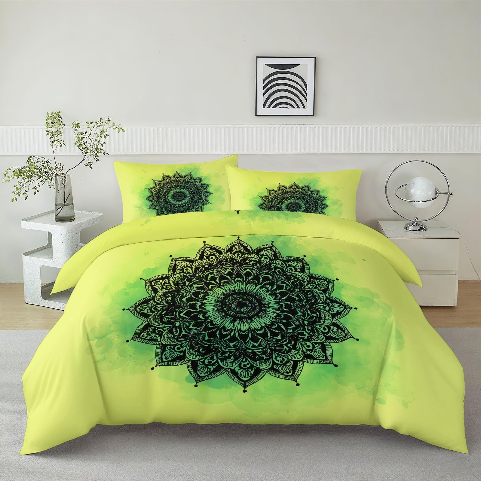 Zestaw pościeli dla dorosłych 200 x 200 cm poszewka na kołdrę z nadrukiem nowoczesna mandala kwiat, zielona oddychająca poszwa na kołdrę - lekka i cienka poszewka na kołdrę z nadrukiem zestaw pościeli