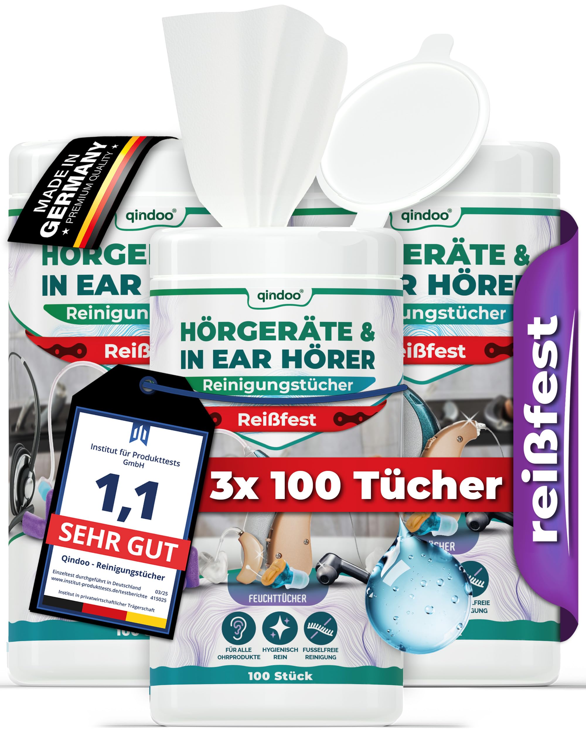 300x Reinigungstücher für Hörgeräte, Qindoo Reinigung für Kopfhörer, Headset, Ohrstöpsel In-Ear Reiniger Tuch feucht und reißfest (3 Dosen)