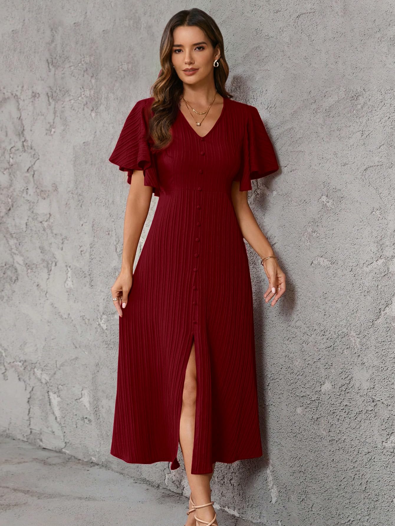 Shasmi Robe midi plissée avec manches flottantes | Robe western à col en V pour femme | Tenue d'été élégante pour le bureau et les loisirs (robe 244)