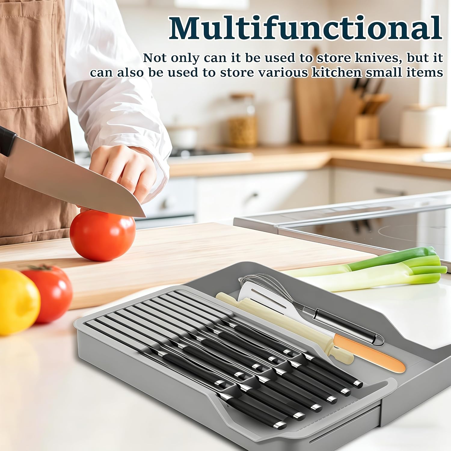 RIIPOO Expandable Drawer Knife Organizer, Adjustable Kitchen In-Drawer Knife Block Holder