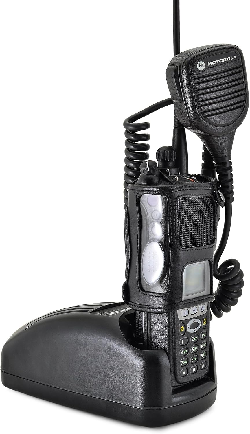 Turtleback Carry Holder for Motorola XTS3000 Models 1 2 3 Fire and Police Two Way Radio Belt Clip Holster Case, Black Leather Pouch with Heavy Duty Rotating Ratcheting 2.25" Belt Loop