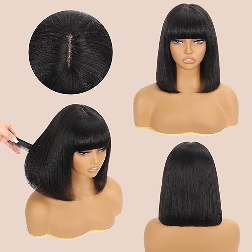 Miniatura 3 de Peluca corta de color negro claro Yaki con flequillo para mujeres negras, 100% cabello humano virgen brasileño 2X1, encaje HD, sin pegamento,