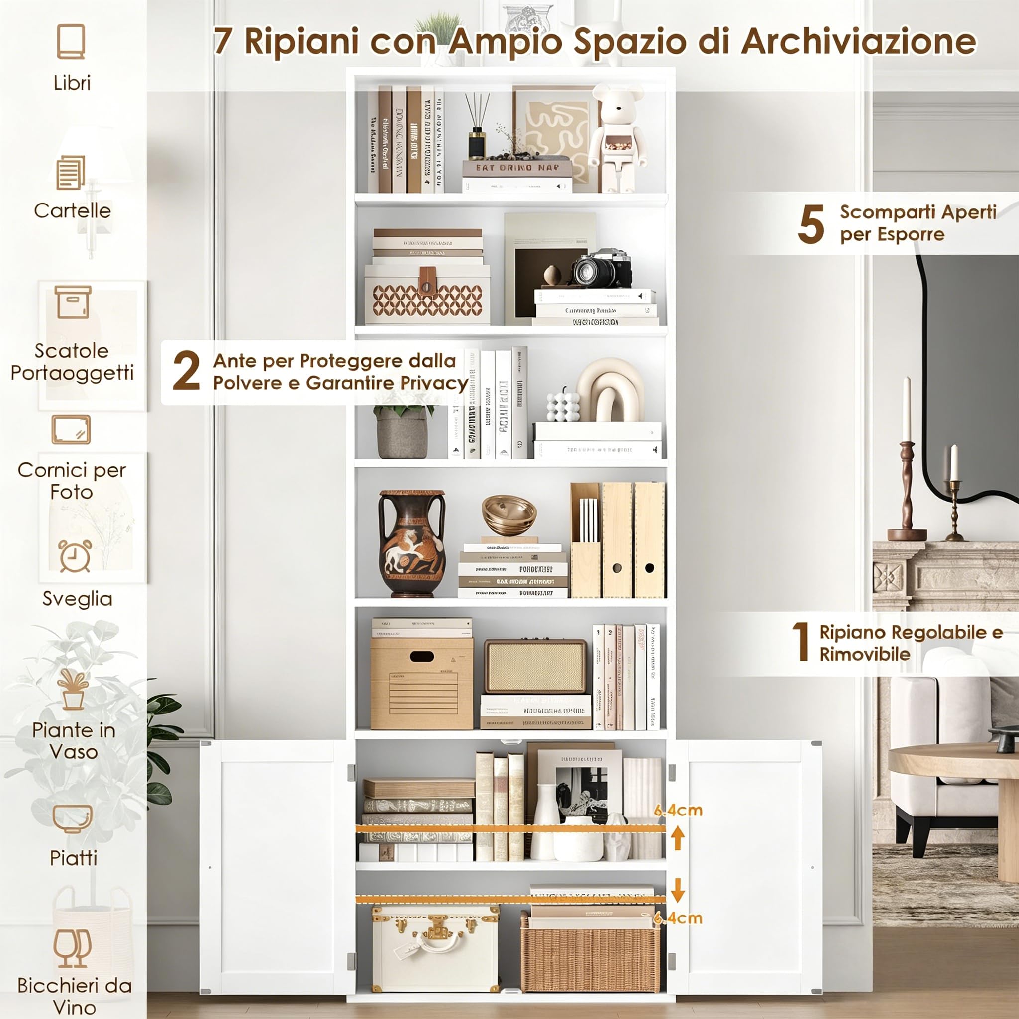 FirFurd Libreria Scaffale 209 cm con 7 Scomparti Aperti, libreria Verticale con Ante, Libreria da Parete con Ripiano Regolabile, per soggiorno, ufficio, cucina, 60 x 23,5 x 209 cm (Bianco)