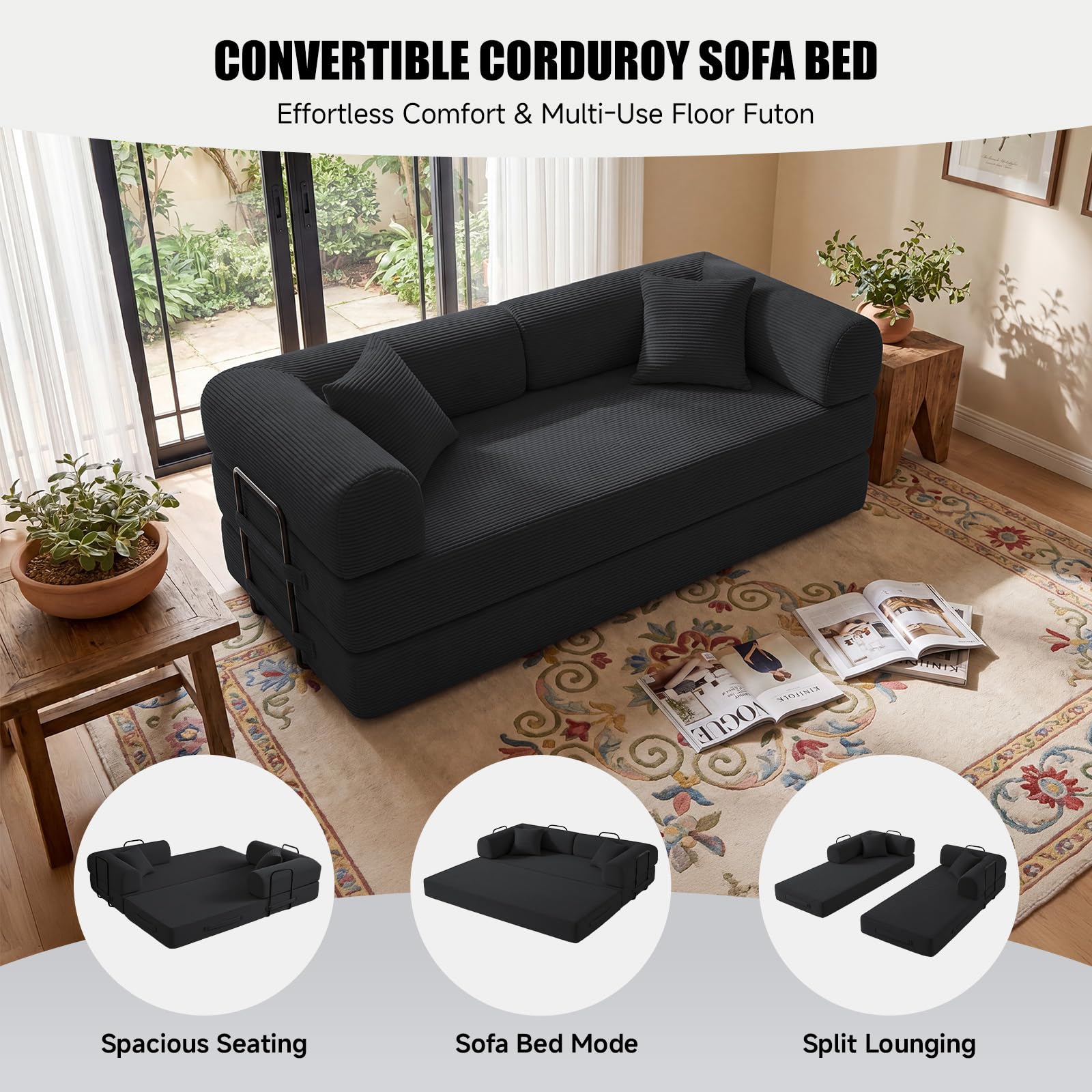 79" Boneless Couch, Convertible Sleeper Sofa Bed, Black | Corduroy Boneless Fold-Out Couch in a Box, 4-in-1 Loveseat/Futon Couch, High-Density Foam, No Assembly