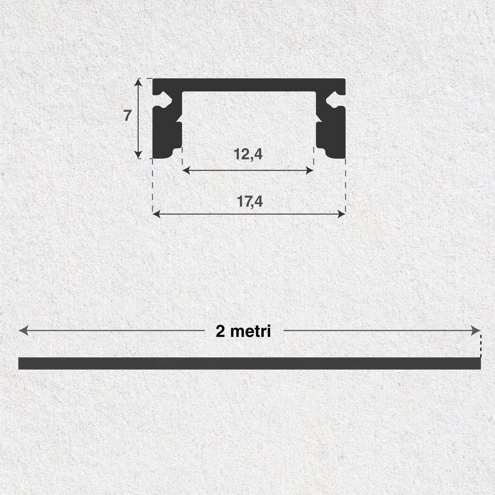 Eurocali 5x Profili da 2 metri (10mt) in Alluminio Nero per Strisce LED Copertura Opaca - larghezza max striscia led 12,4 mm - 17,4 x 7