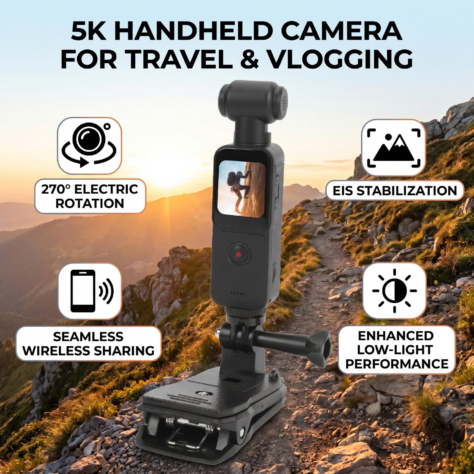 Cámara de Mano, Cámara de Vídeo HD 5K 16MP con Rotación de 270 Grados WiFi EIS Pantalla Táctil de 1,69 Pulgadas para Vlogging de Viajes y Creación de Contenido