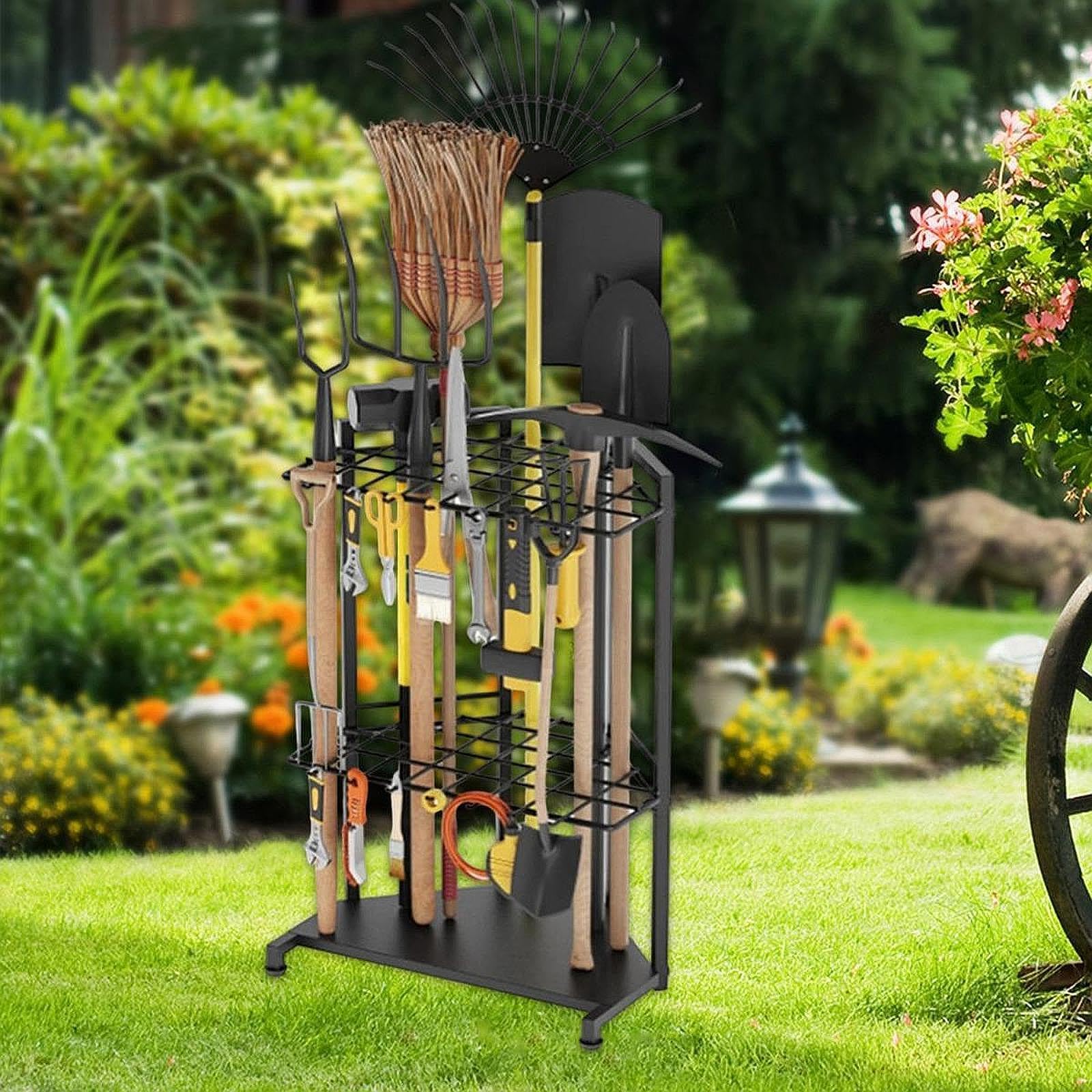 Soporte Metálico Para Herramientas De Jardín | soporte robusto, tres niveles, capacidad para herramientas largas, ideal para garaje