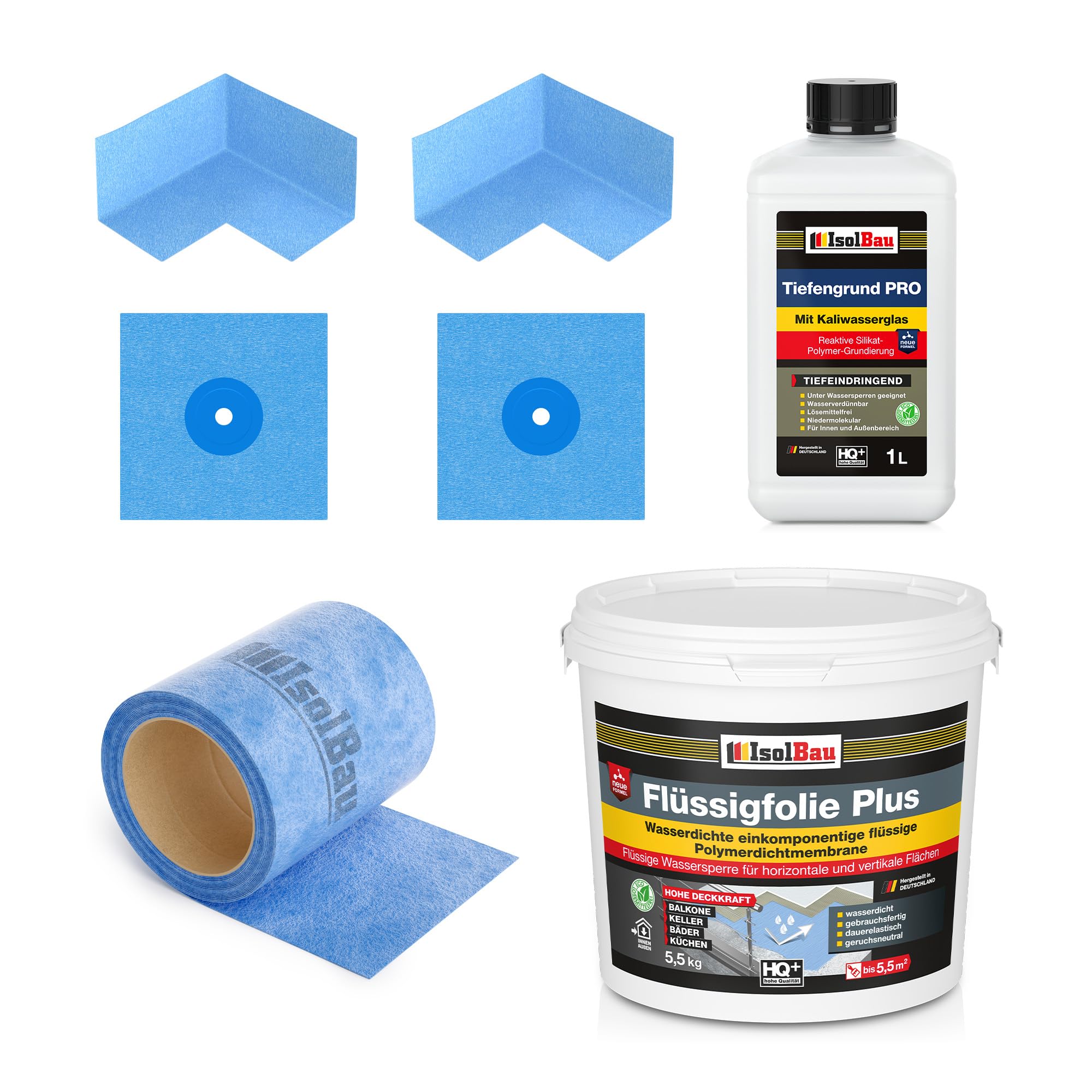 Isolbau Dichtset - Inkl. 1x Flüssigfolie PLUS (5,5 kg), 1x Tiefengrund PRO (1L), 1x Dichtband (5 m), 2x Innenecken & 2x Manschetten