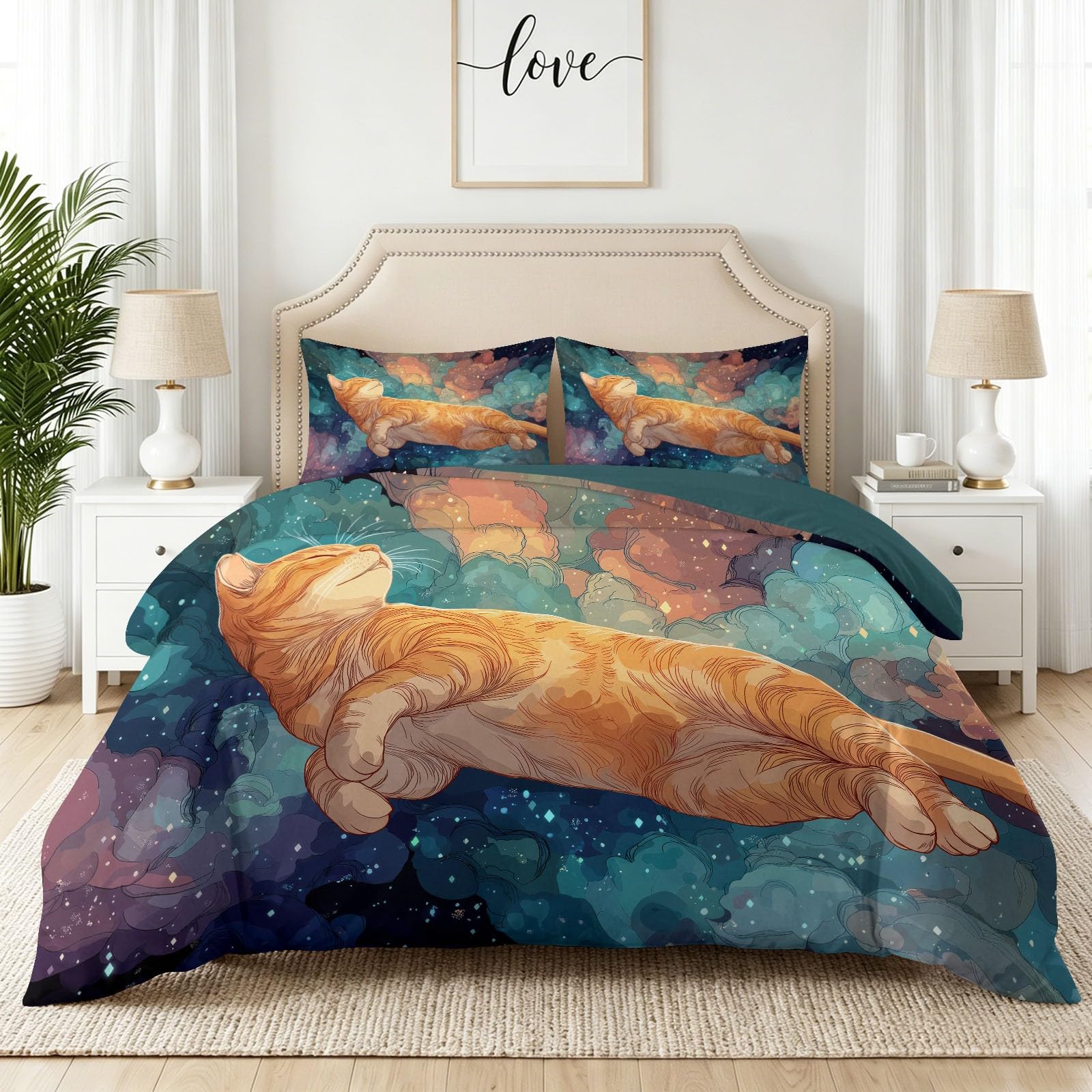 Cosmic Dreamy Starry - Juego de funda de edredón y funda de almohada, diseño de gato atigrado nube, microfibra suave, 230 x 220 cm, reversible, hipoalergénica, para niños y niñas, fácil cuidado, sin