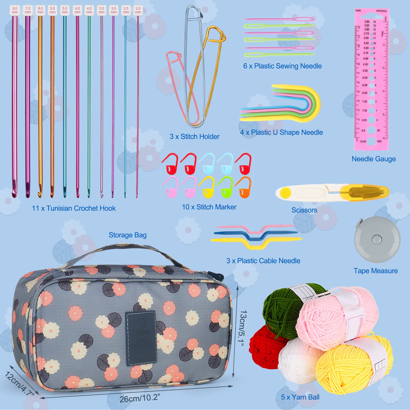 Aeelike Set Di Uncinetti Tunisini Afgani In Alluminio – 10 Misure Da 2.5 A 8 Mm – Lunghezza 35 Cm – Per Principianti Ed Esperti