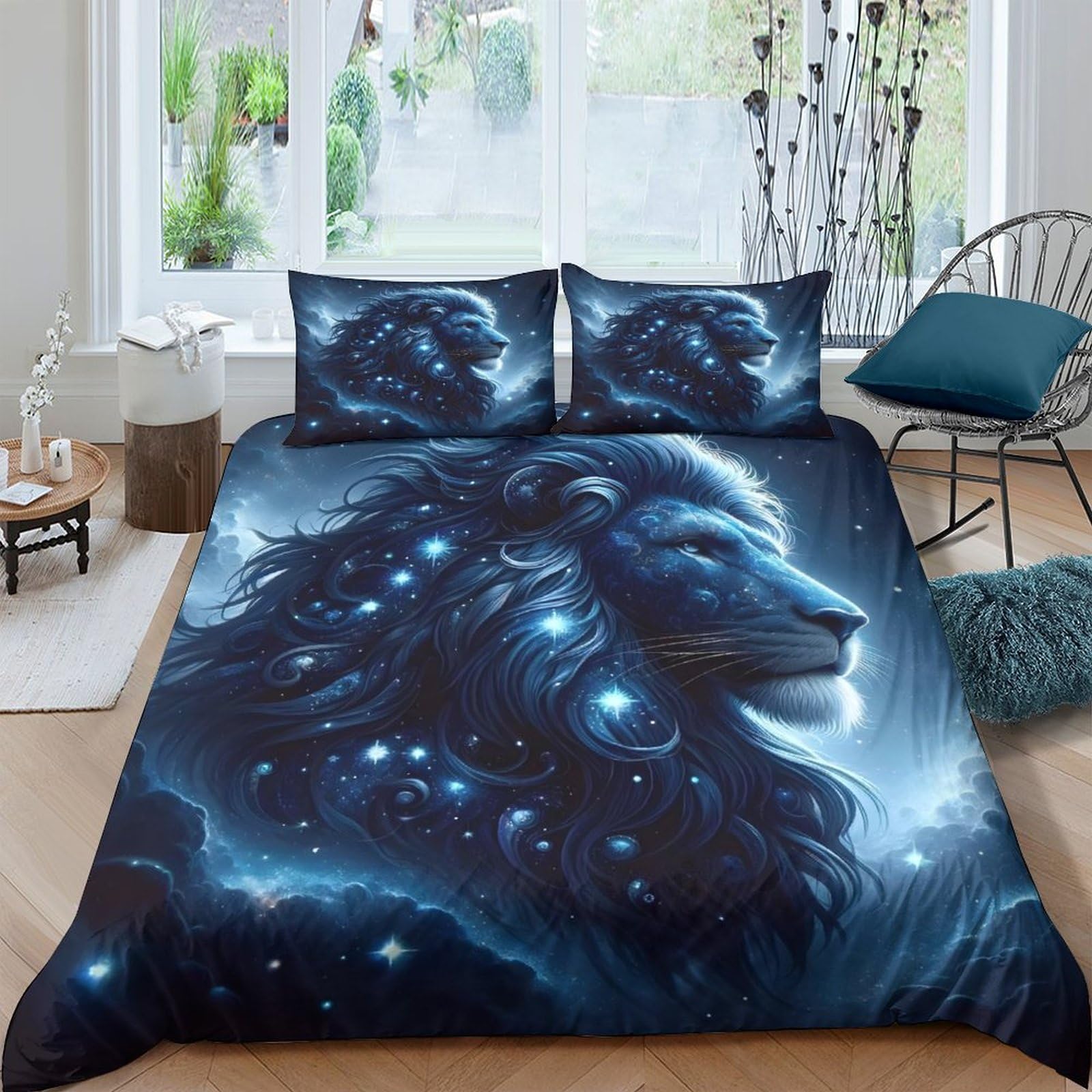 3D Printed Blue Lion Galaxy Duvet Cover Microfiber Soft Breathable Starry Sky Bedding Set with 2 Pillowcases for Bedroom Decor Single（135x200cm）