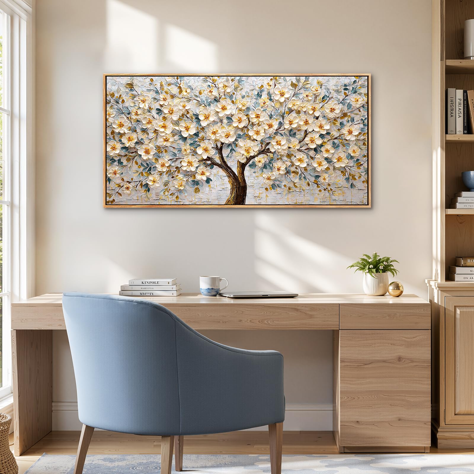 SERIMINO Natürliche Wandbild mit Rahmen Baum des Lebens Bilder 73x146 cm | Weissgoldene Blüten Wanddeko, Hochauflösender Druck, Leinwand Holzrahmen, Einfache Montage, Als Geschenk Geeignet