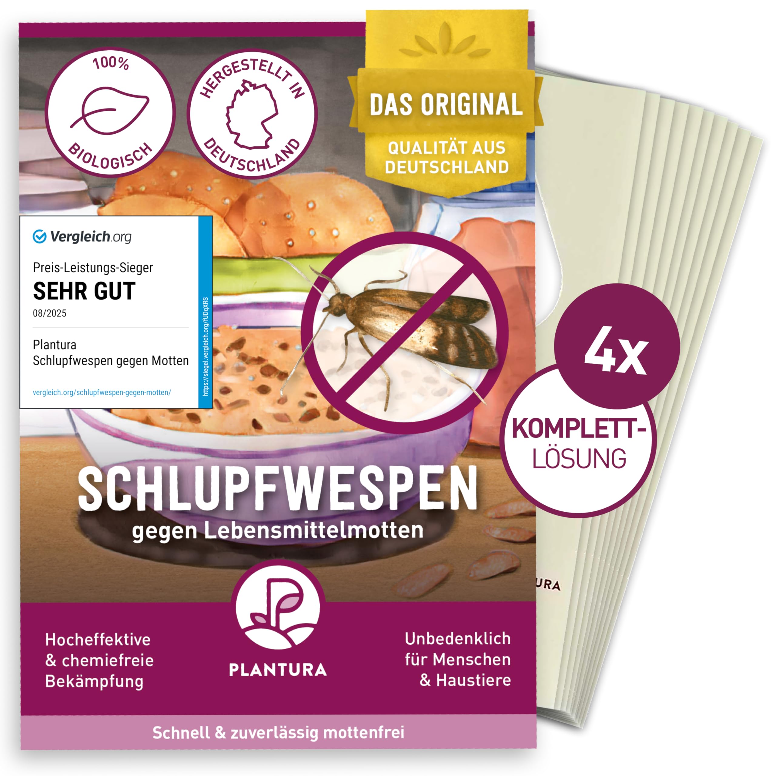 Plantura Schlupfwespen gegen Lebensmittelmotten, Komplett-Lösung mit 12 Karten (4 Karten à 3 Lieferungen) - hochwirksame & nachhaltige Bekämpfung, Alternative zu Mottenkugeln