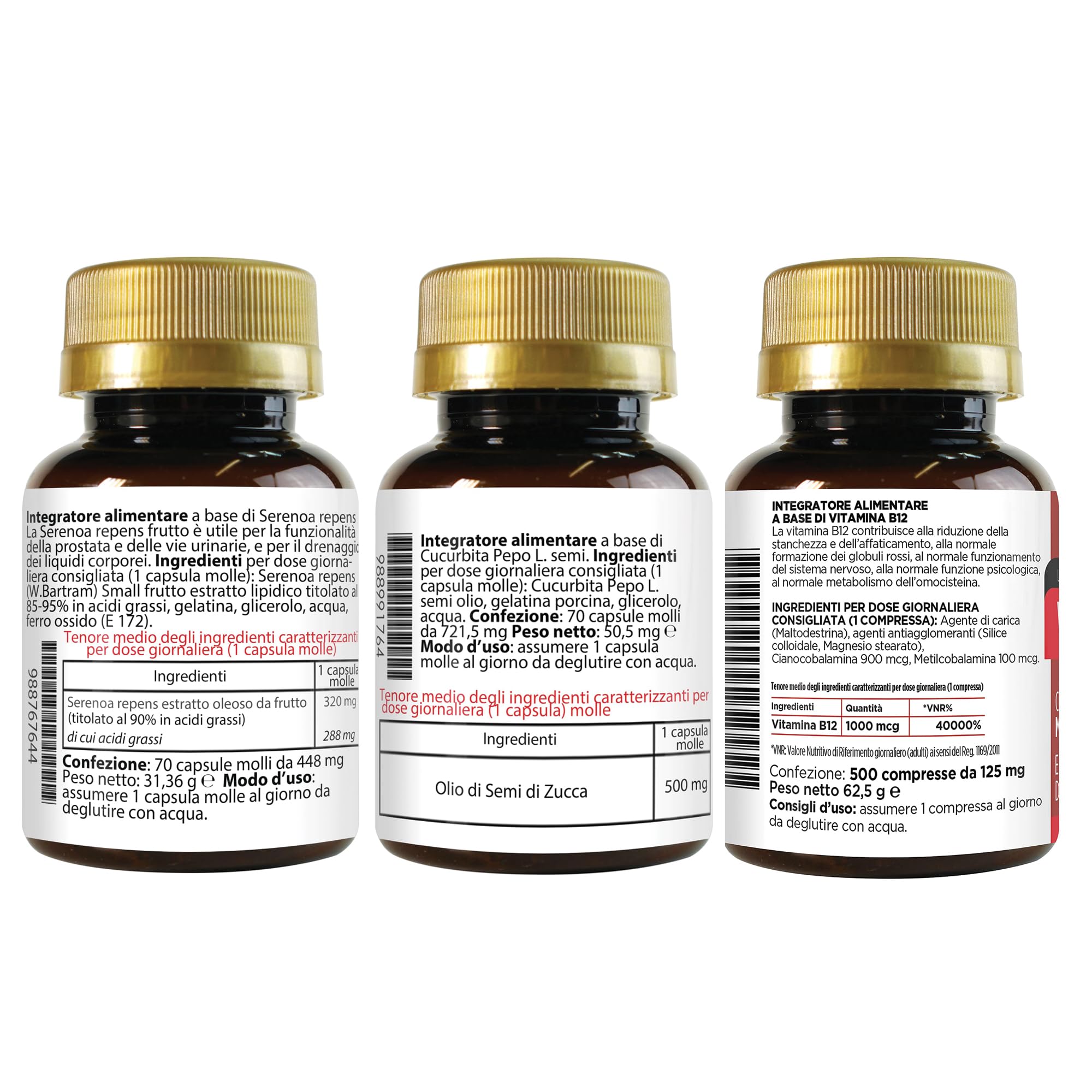 SAW PALMETTO 70 CÁPSULAS BLANDAS - SEMILLAS DE CALABAZA 70 CÁPSULAS BLANDAS - VITAMINA B12 500 COMPRIMIDOS | PRÓSTATA Y ENERGÍA