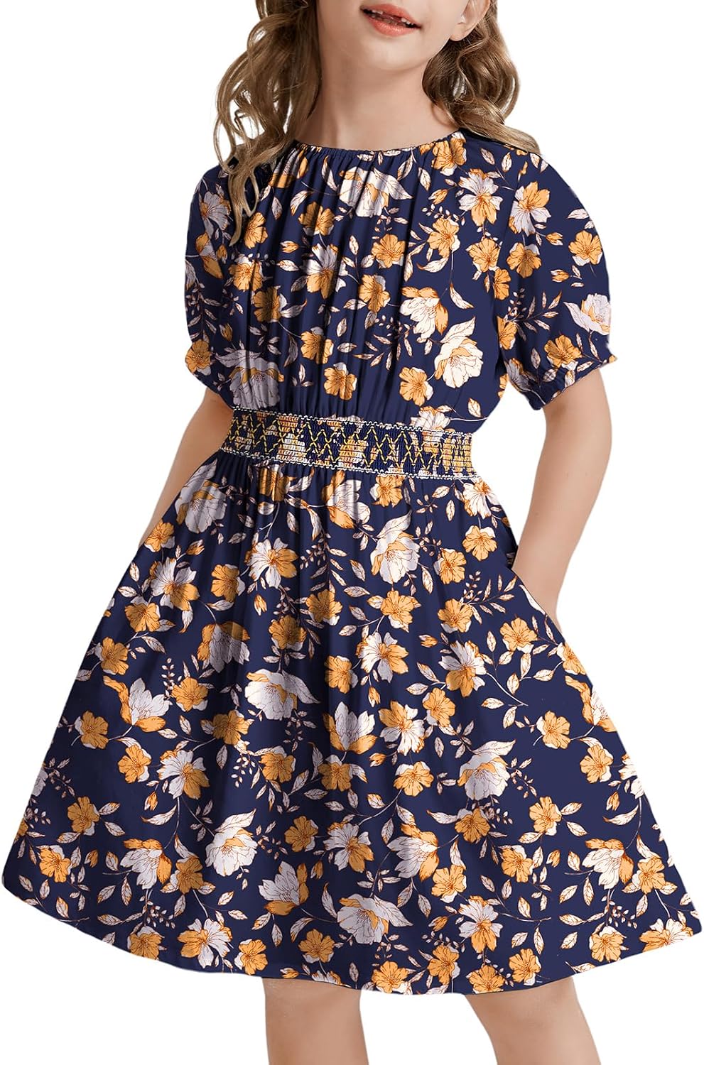 Girls Floral Smocked Waist Dress Church Holiday Playwear Soft Midi Dress with Pockets