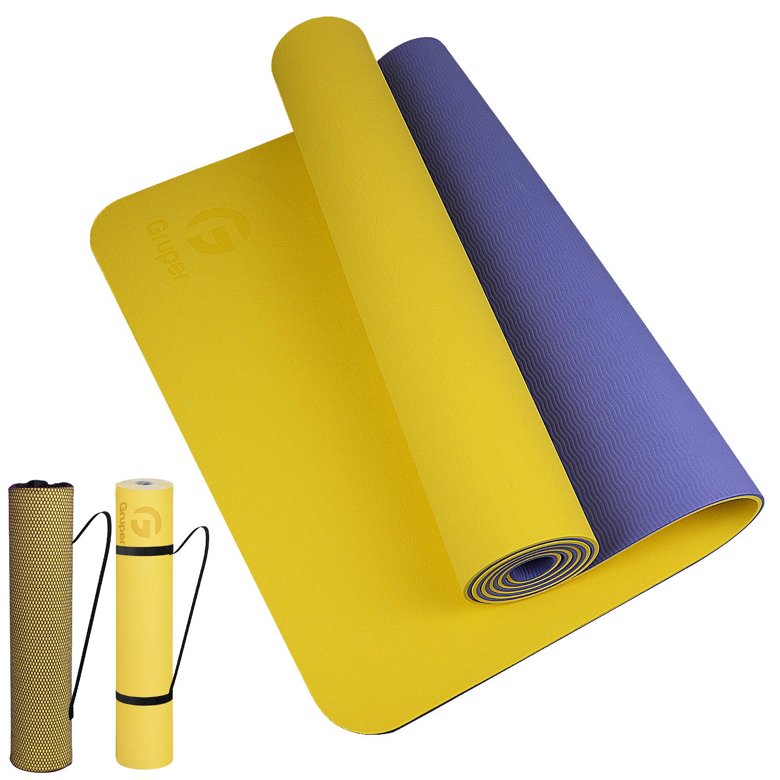 Gruper TPE Yoga Mat, Pro Yoga Mat, Eco-Friendly, Non-Slip with Carry Strap, Training Mat for Yoga, Pilates and Floor Exercises (Thickness-6 mm, Yellow/Purple)