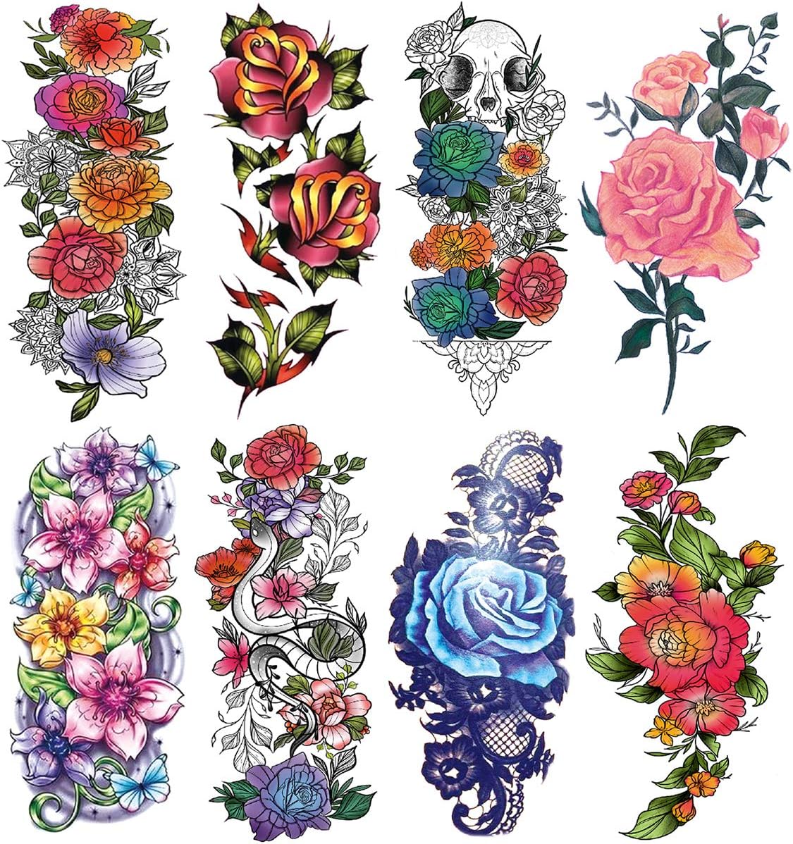 8 Sheets Women Red Purple Blue Skull Flower Snake Leaf Temporary Tattoos for Arm