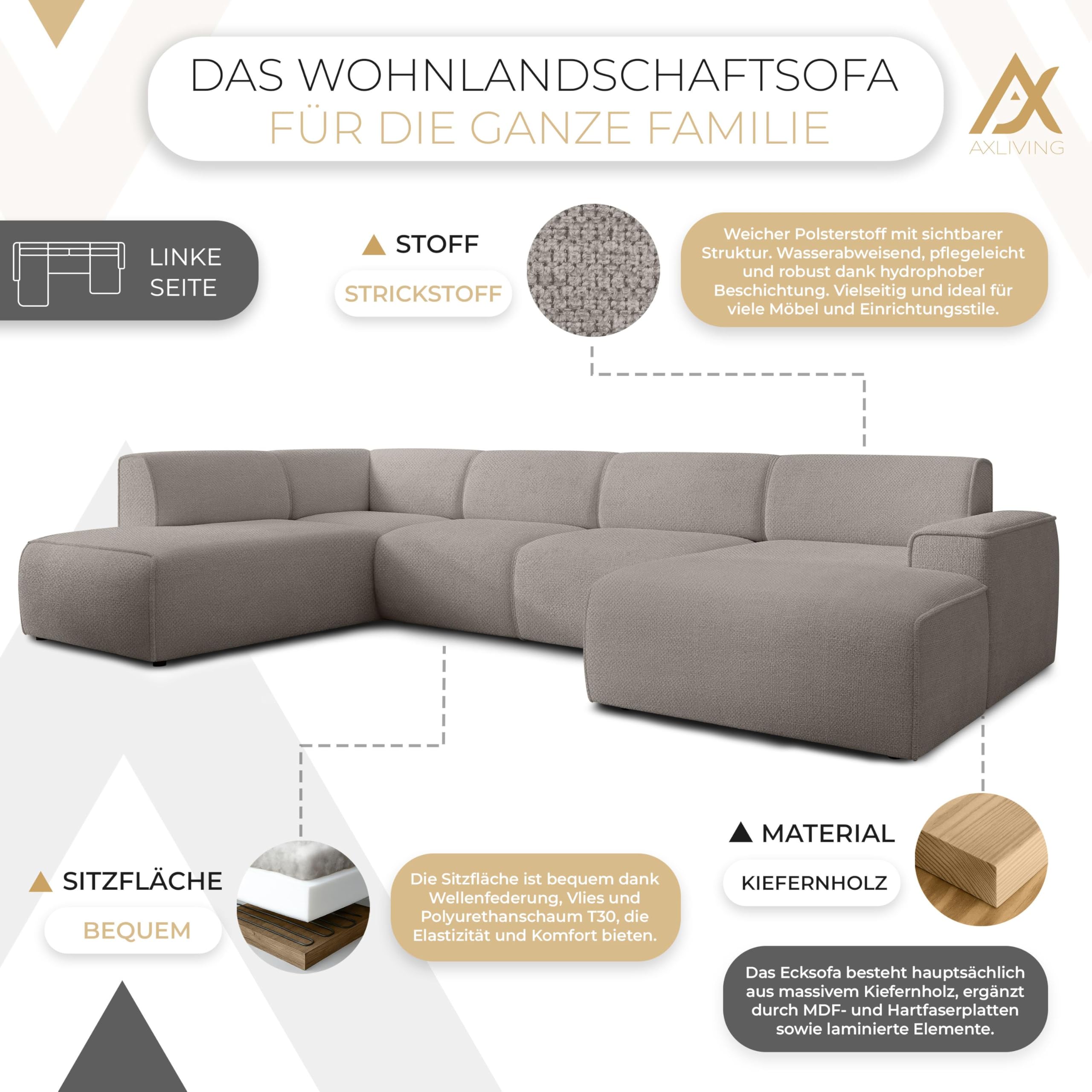 XXL Sofa U Form Didim Hellbraun 378 cm breit modern & großzügig L