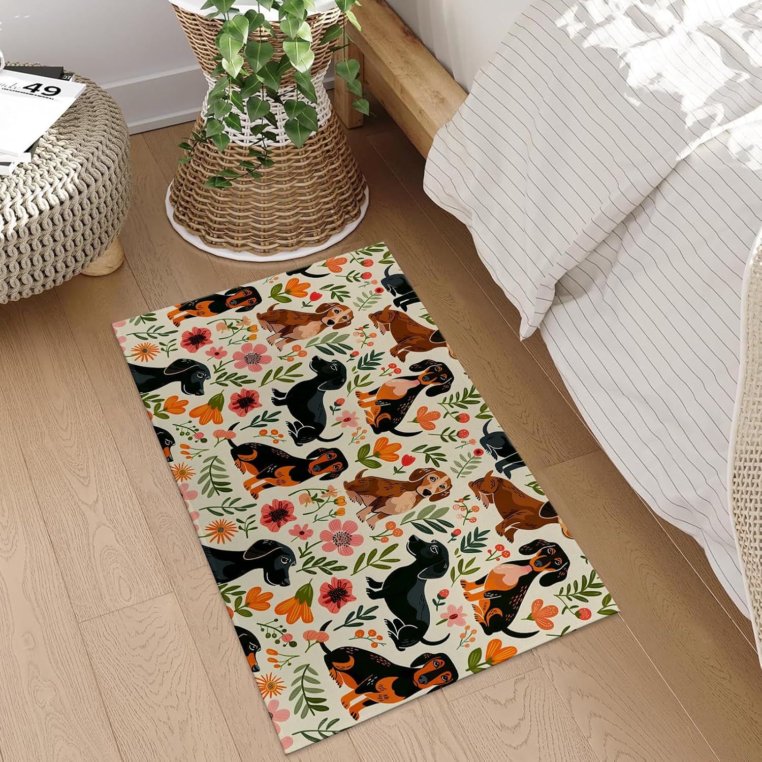 Playful Dachshunds Indoor Door Mat, 17x29.5 Inch, Floor Area Rug for Entryway, Living Room, or Bathroom, Non-Slip Doormat, Cute Dachshund and Floral Design Home Decor Rug Gifts
